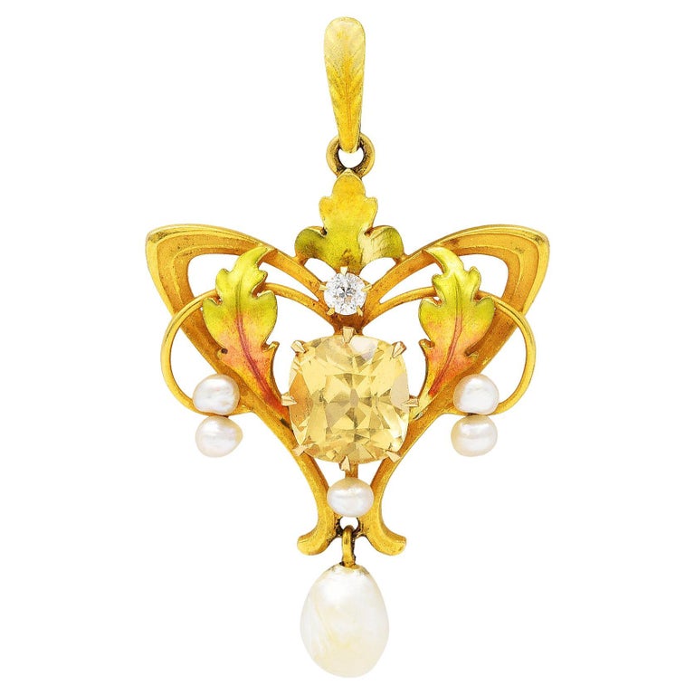 Art Nouveau Diamond Topaz Pearl Enamel 14 Karat Gold Pendant at 1stDibs