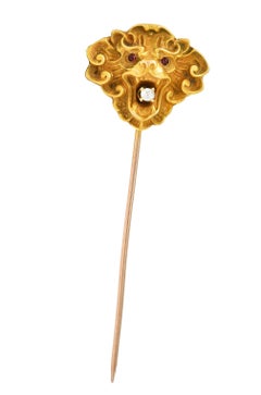 Art Nouveau Diamond Tourmaline 14 Karat Yellow Gold Antique Lion Stickpin