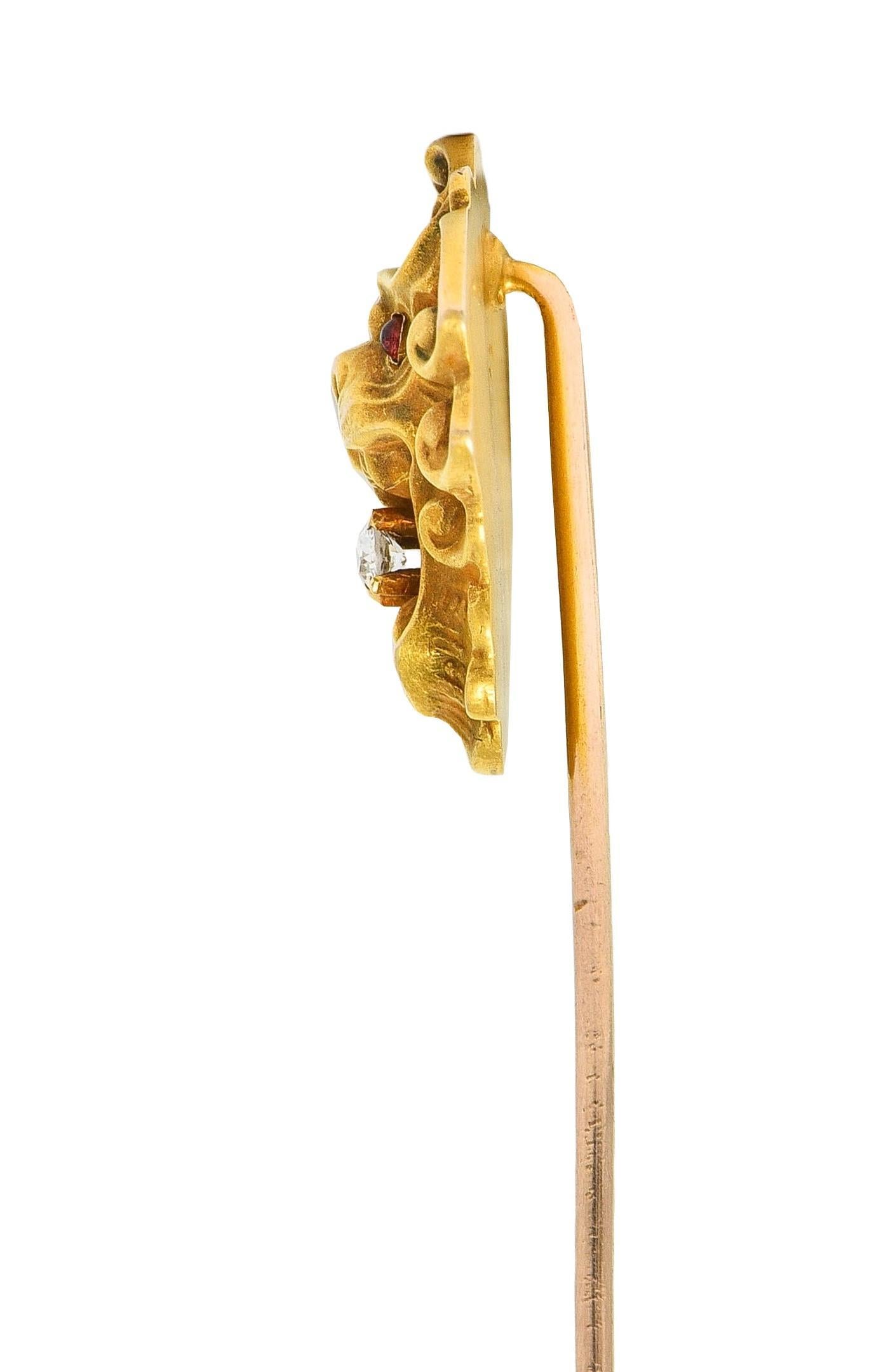Old Mine Cut Art Nouveau Diamond Tourmaline 14 Karat Yellow Gold Antique Lion Stickpin