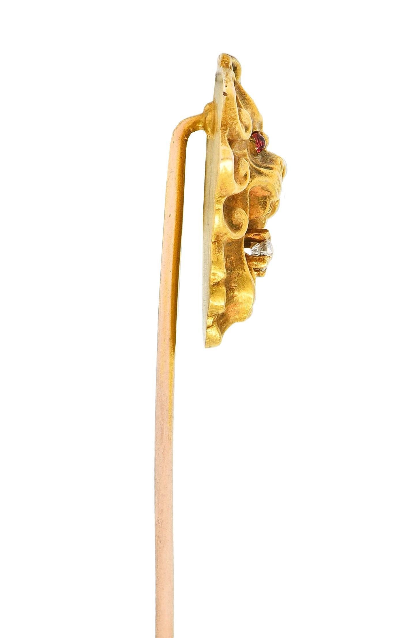 Women's or Men's Art Nouveau Diamond Tourmaline 14 Karat Yellow Gold Antique Lion Stickpin