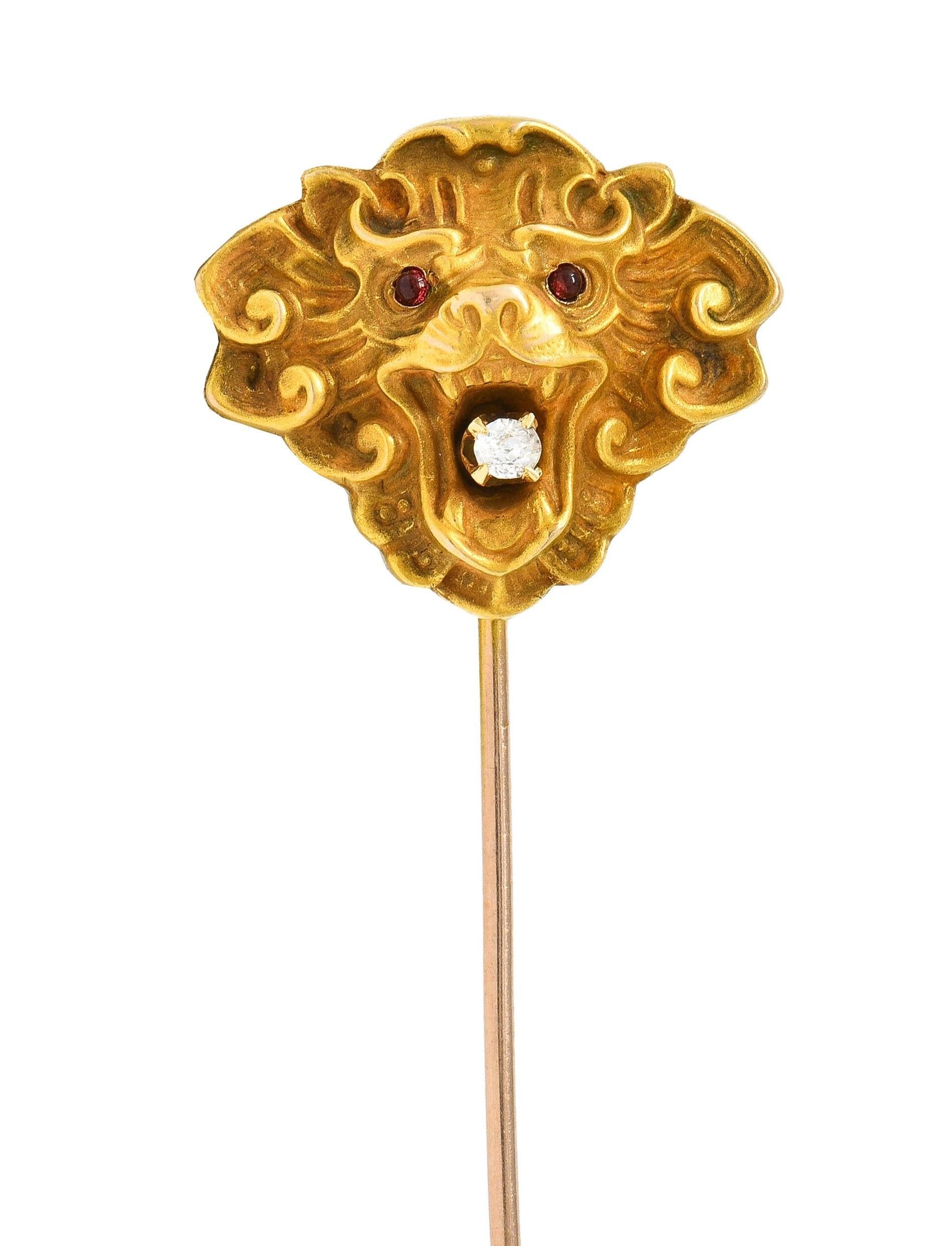 Art Nouveau Diamond Tourmaline 14 Karat Yellow Gold Antique Lion Stickpin 2