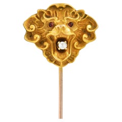 Art Nouveau Diamond Tourmaline 14 Karat Yellow Gold Antique Lion Stickpin