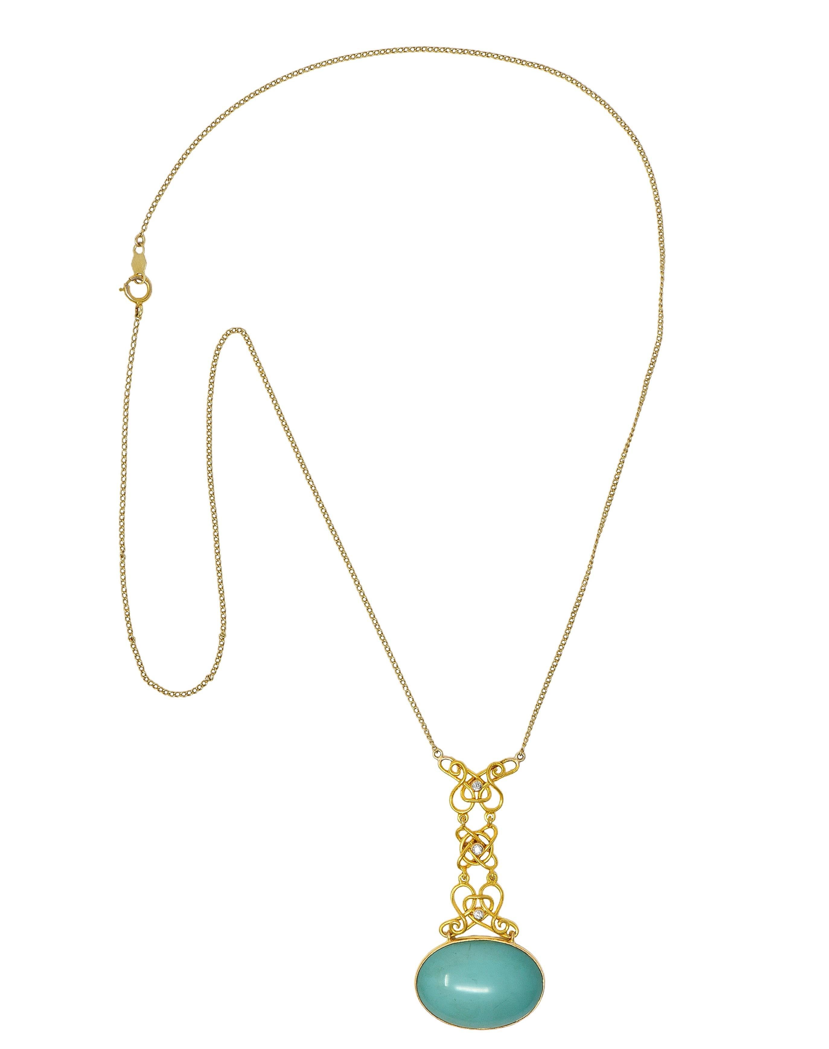 Art Nouveau Collana a catena con diamante e turchese in oro 14 carati in stile liberty in vendita