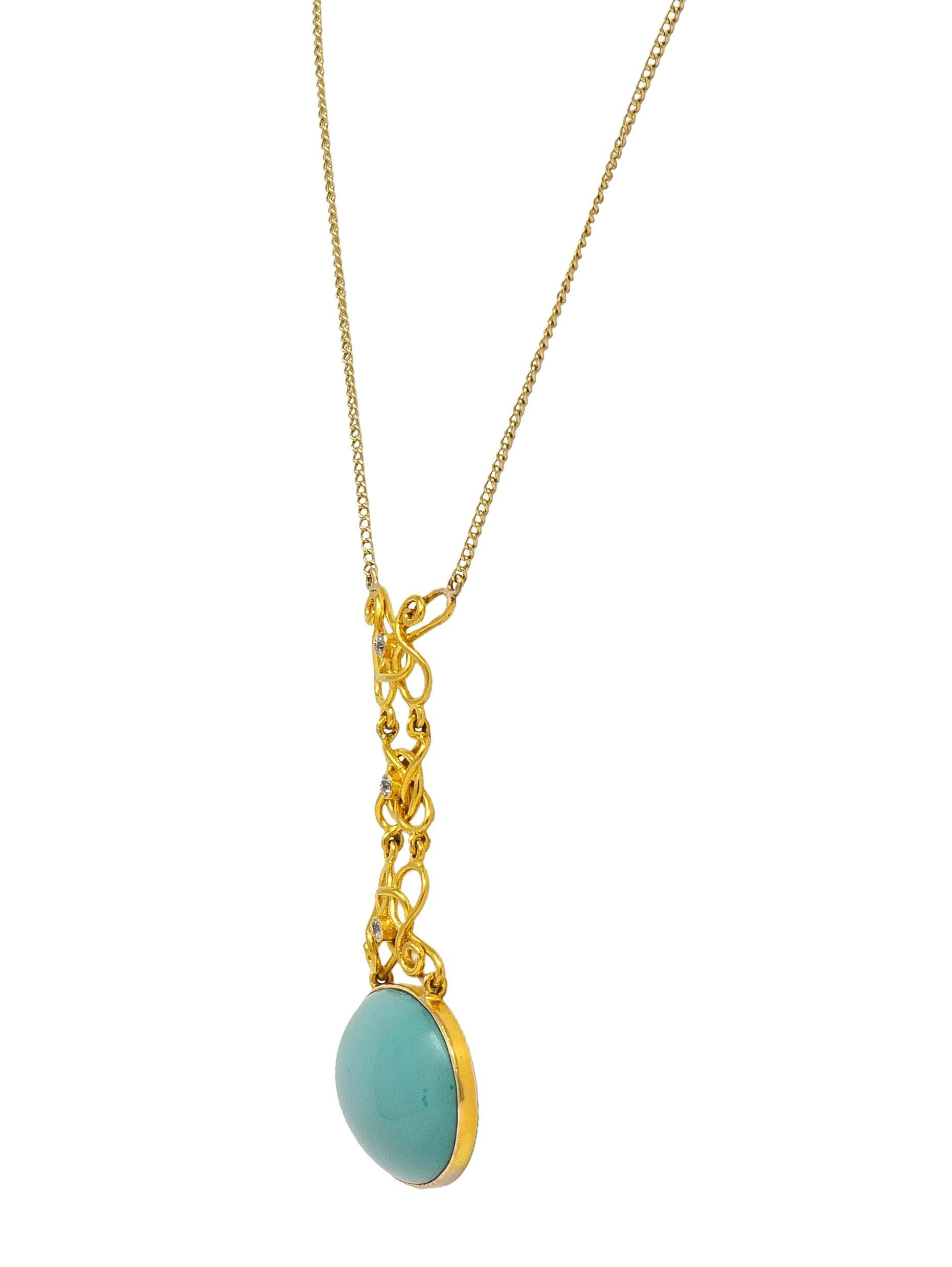 Cabochon Collana a catena con diamante e turchese in oro 14 carati in stile liberty in vendita