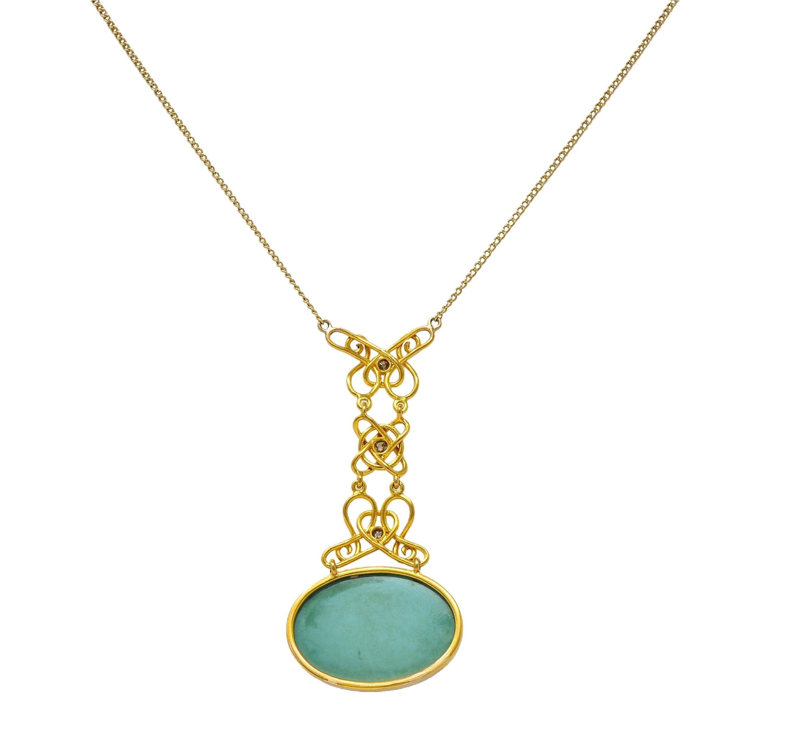 Collana a catena con diamante e turchese in oro 14 carati in stile liberty In condizioni ottime in vendita a Philadelphia, PA