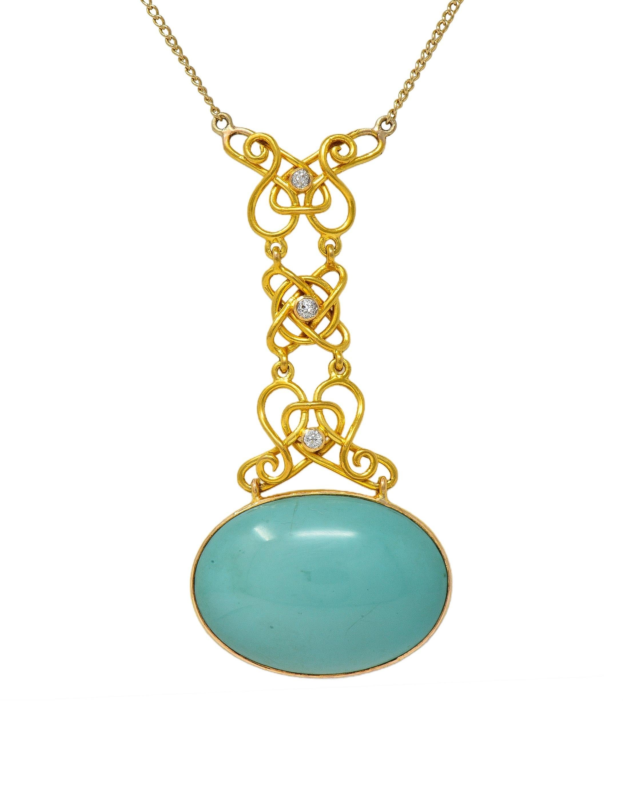 Collana a catena con diamante e turchese in oro 14 carati in stile liberty in vendita 2