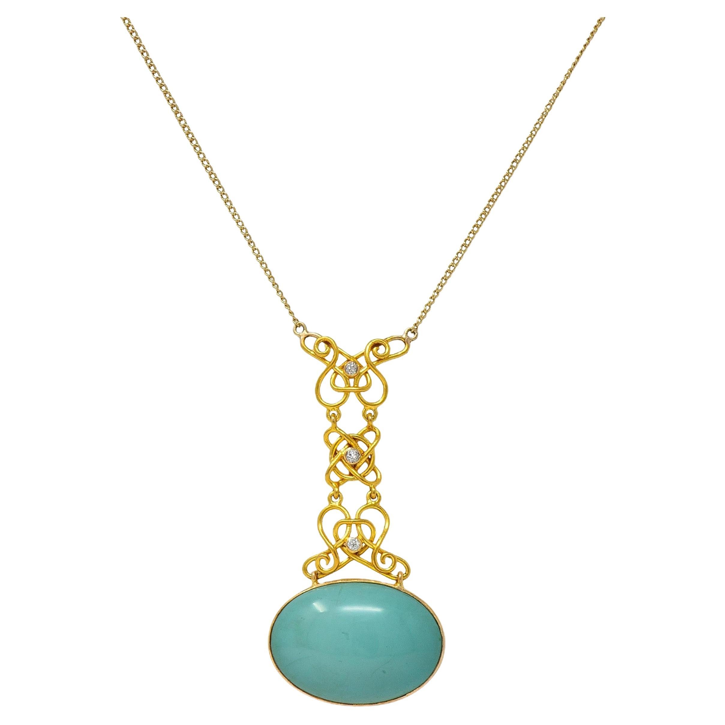 Art Nouveau Diamond Turquoise 14 Karat Gold Antique Station Chain Necklace