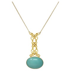 Art Nouveau Diamond Turquoise 14 Karat Gold Antique Station Chain Necklace