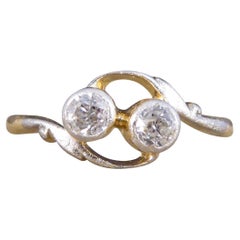 Art Nouveau Diamond Two Stone Twist Ring in 18ct Yellow and White Gold