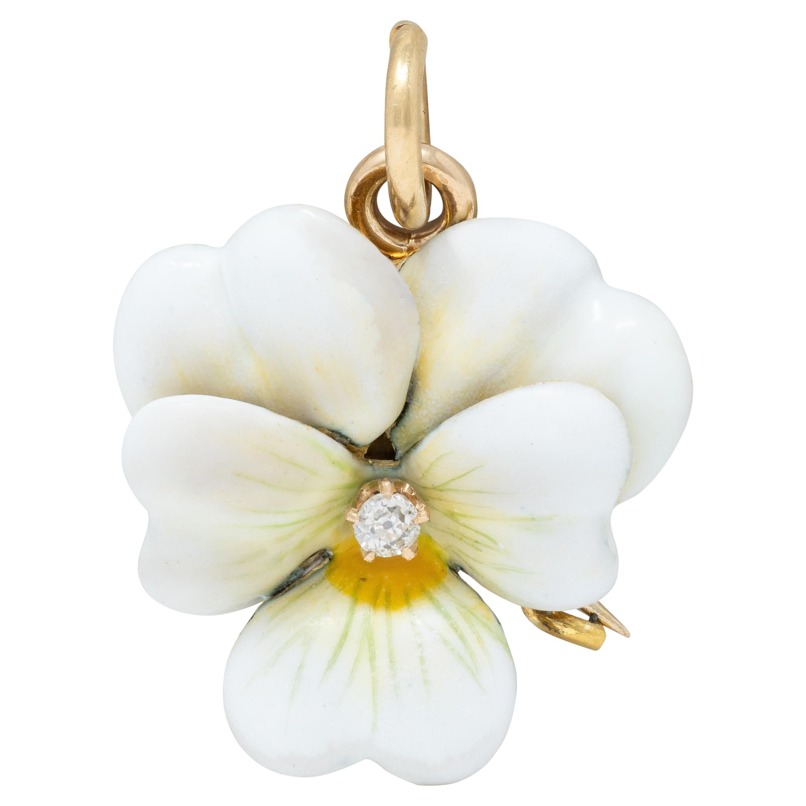 Art Nouveau Diamond White Enamel 14K Yellow Gold Antique Pansy Pendant Brooch