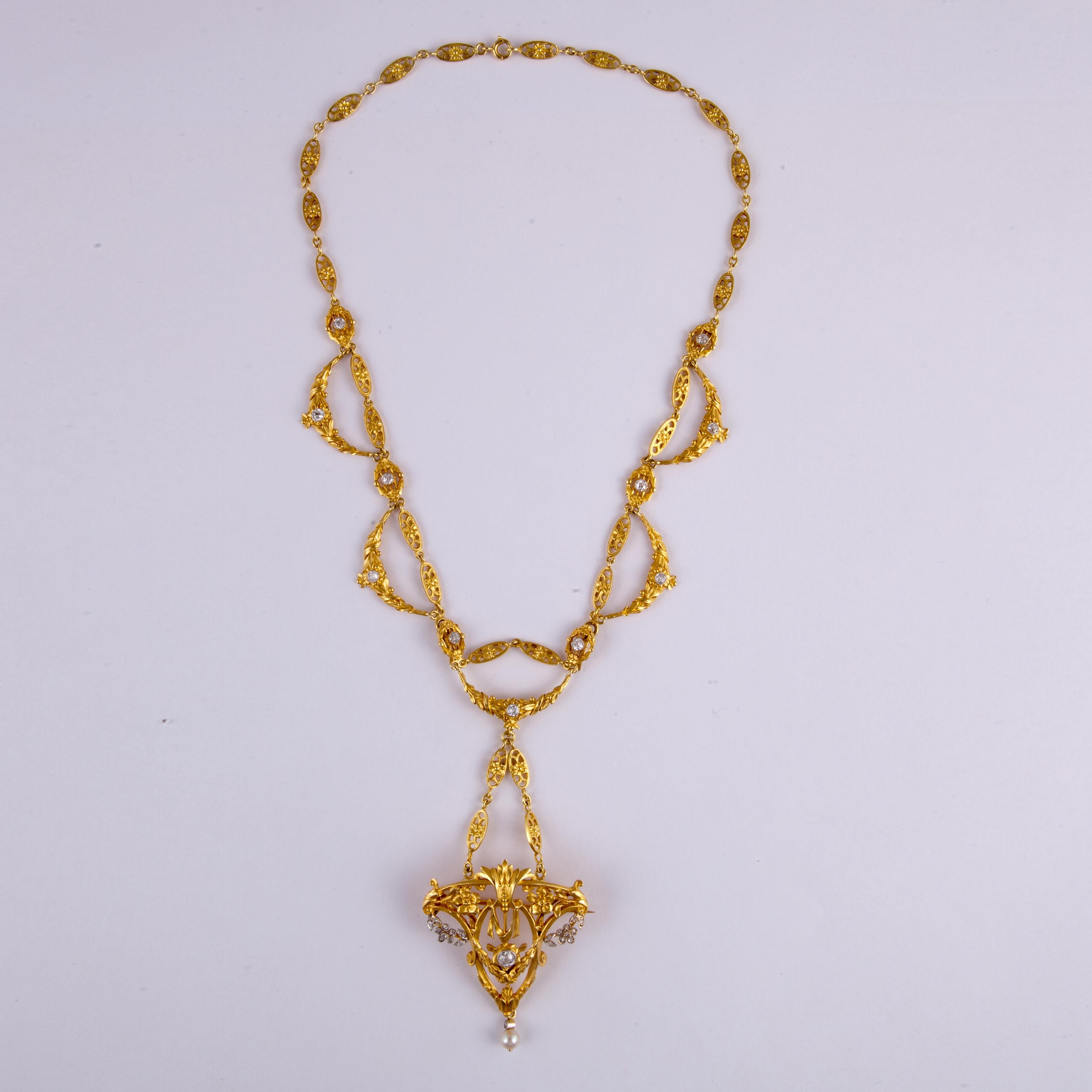Collana con ciondolo in oro e diamanti Art Nouveau In condizioni buone in vendita a Houston, TX