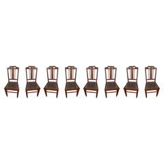 Set Of Eight Art Nouveau Dining Room Chocolate Brown Leather Chairs