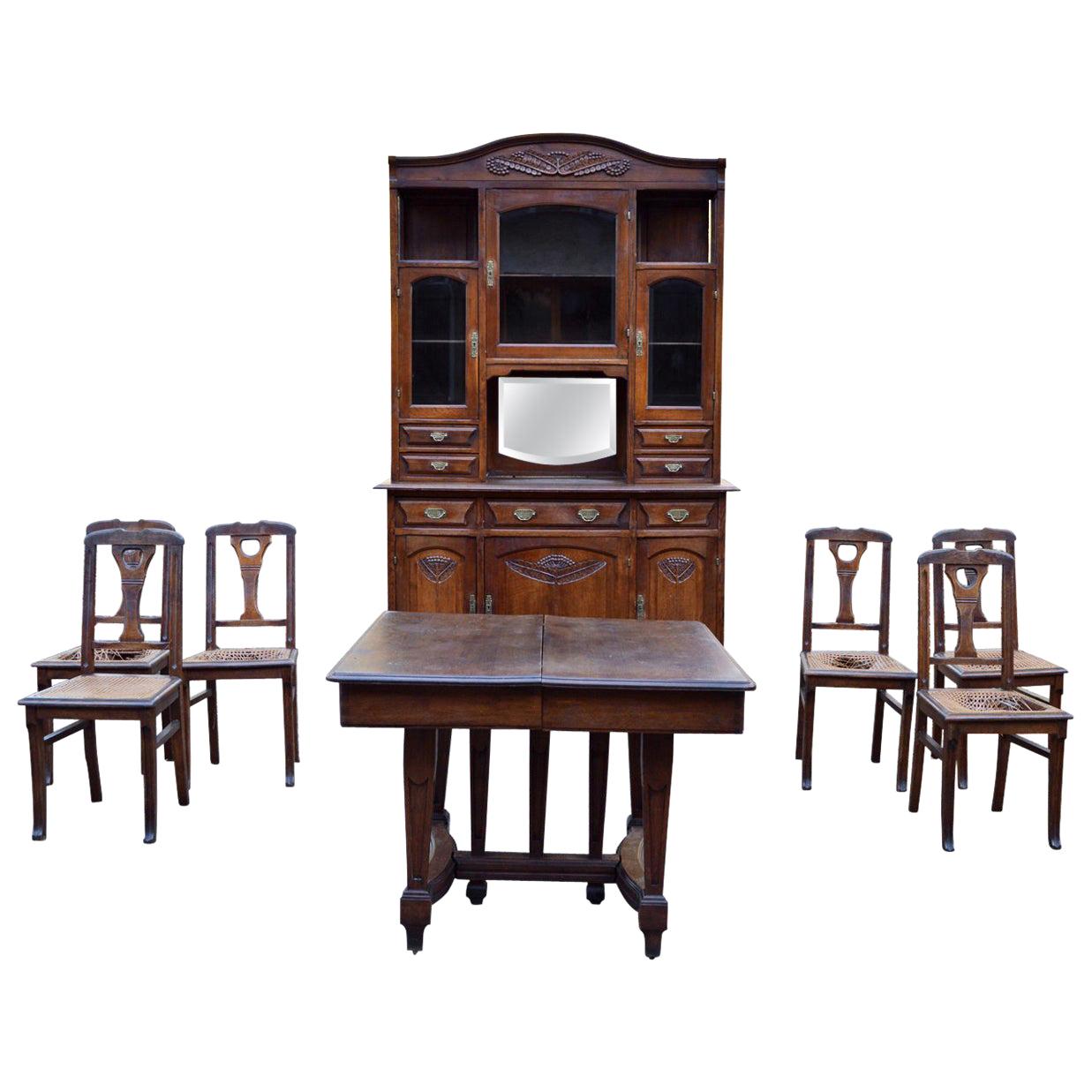 Art Nouveau Dining Room Set in Carved Oak, 1910s For Sale