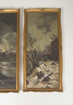 Art Nouveau Diptych Landscape Paintings, Oil on Canvas, Signed 1930