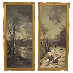 Art Nouveau Diptych Landscape Paintings, Oil on Canvas, Signed 1930