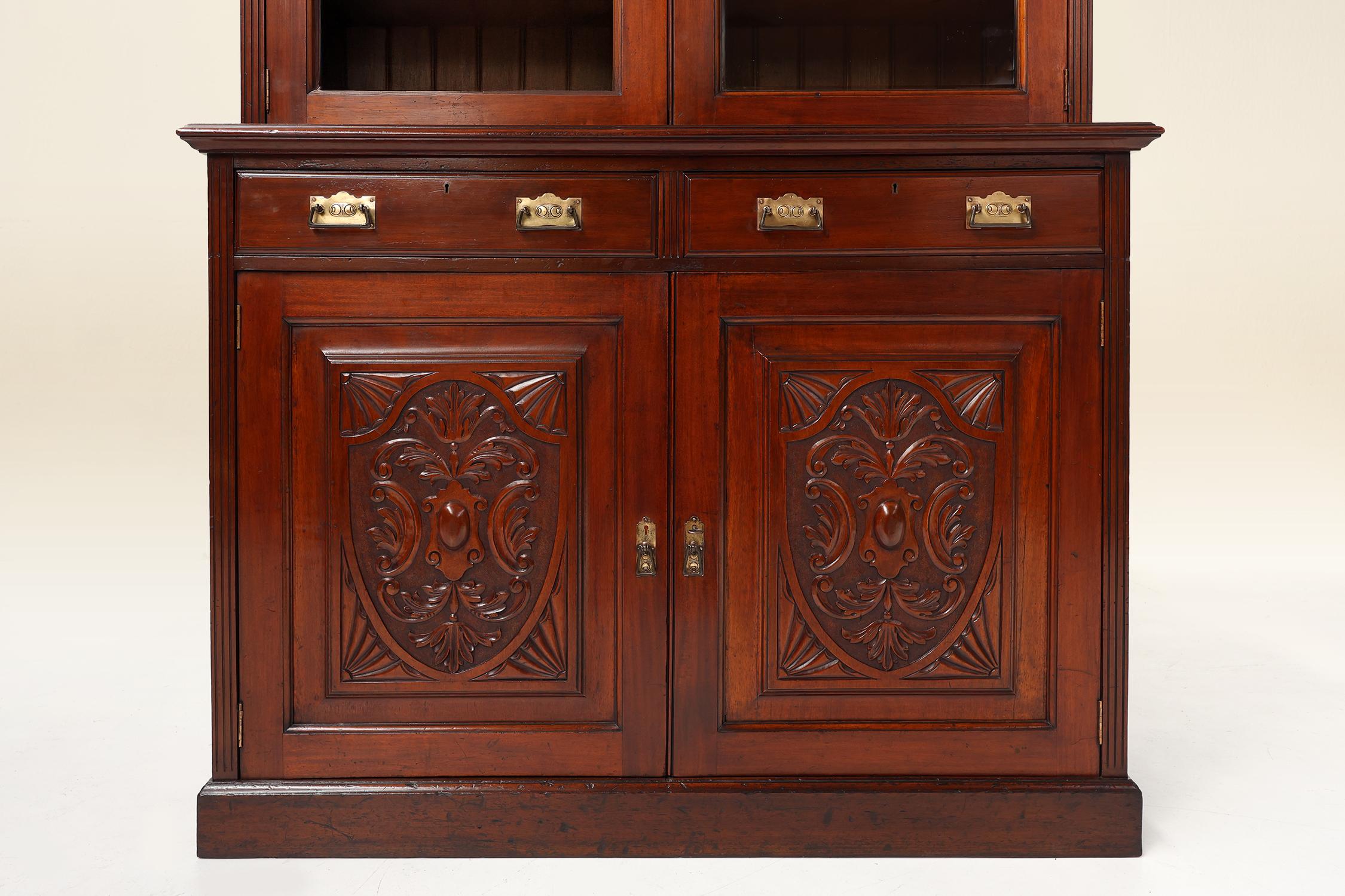 Art Nouveau Display Cabinet or Bookcase in oak with carvings and glass doors For Sale 4