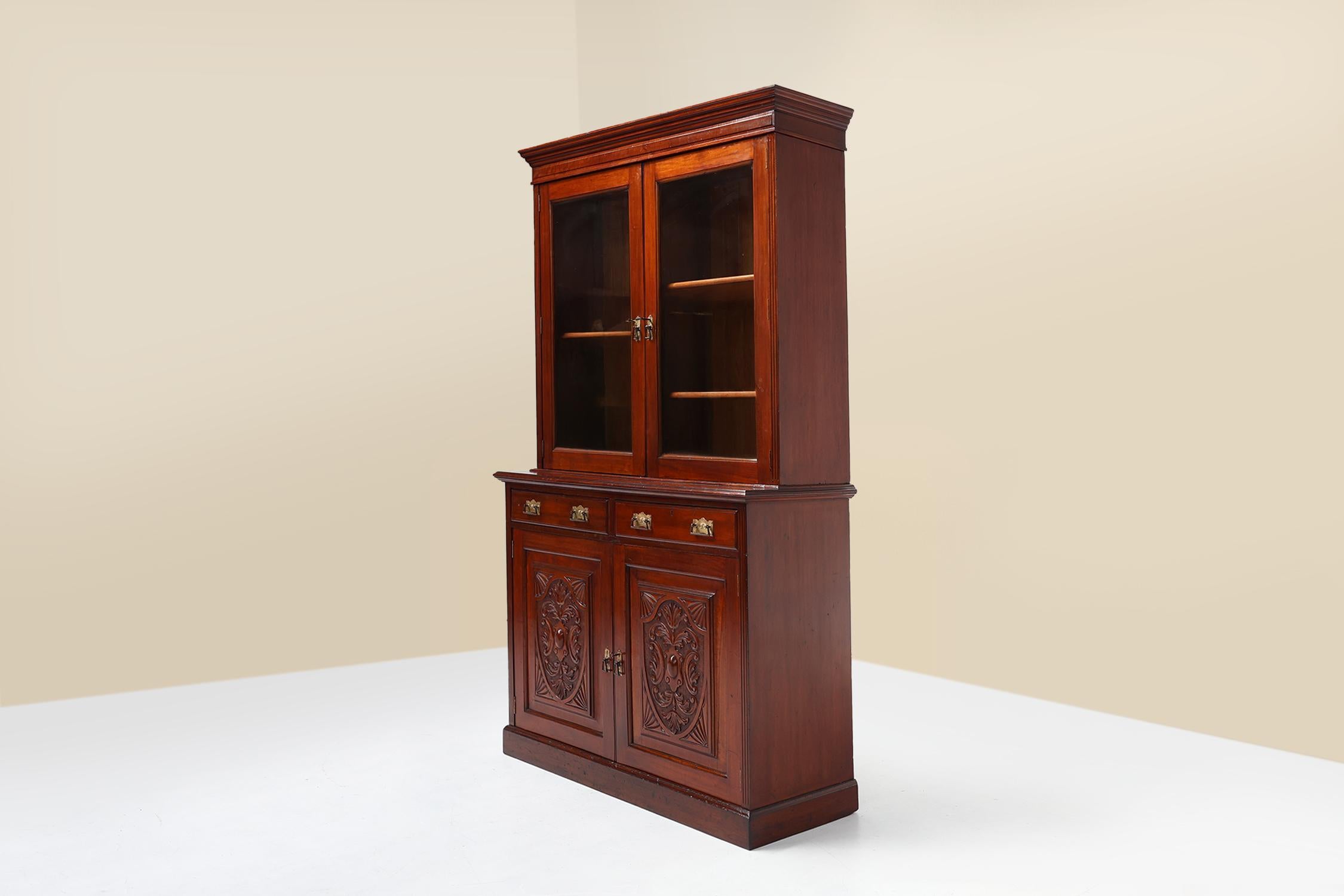 Art Nouveau Display Cabinet or Bookcase in oak with carvings and glass doors For Sale 7
