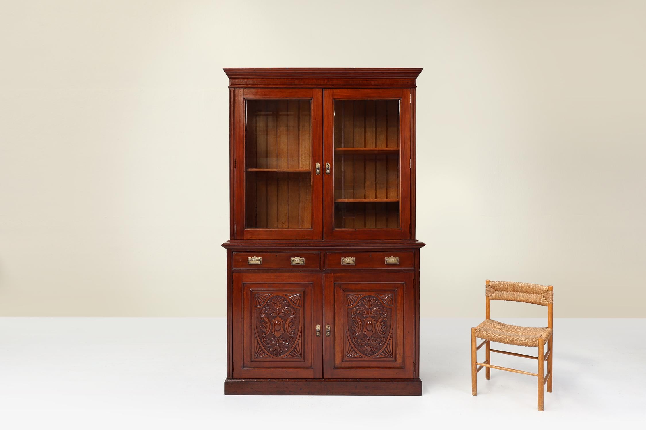 Glass Art Nouveau Display Cabinet or Bookcase in oak with carvings and glass doors For Sale