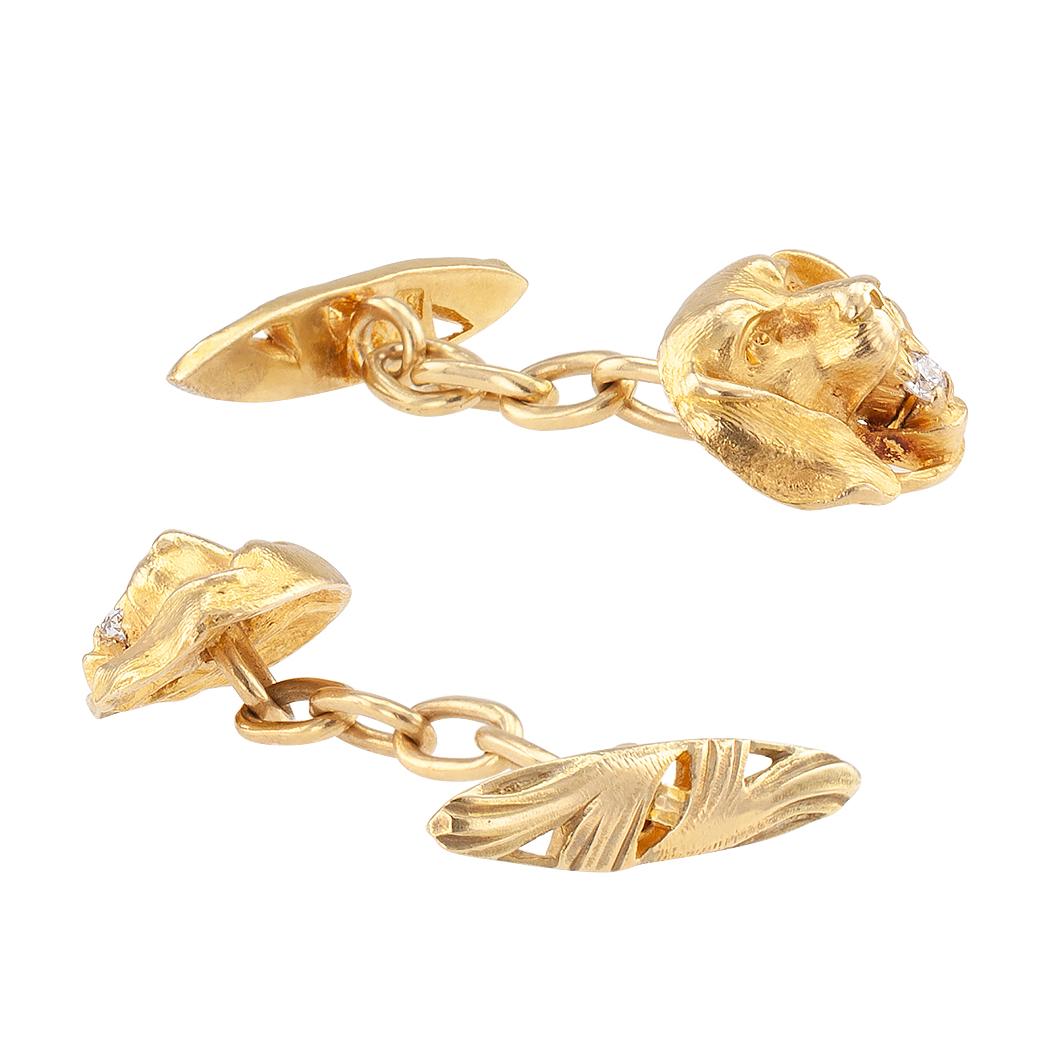 Art Nouveau Dog Face Diamond Gold Cufflinks In Good Condition In Los Angeles, CA