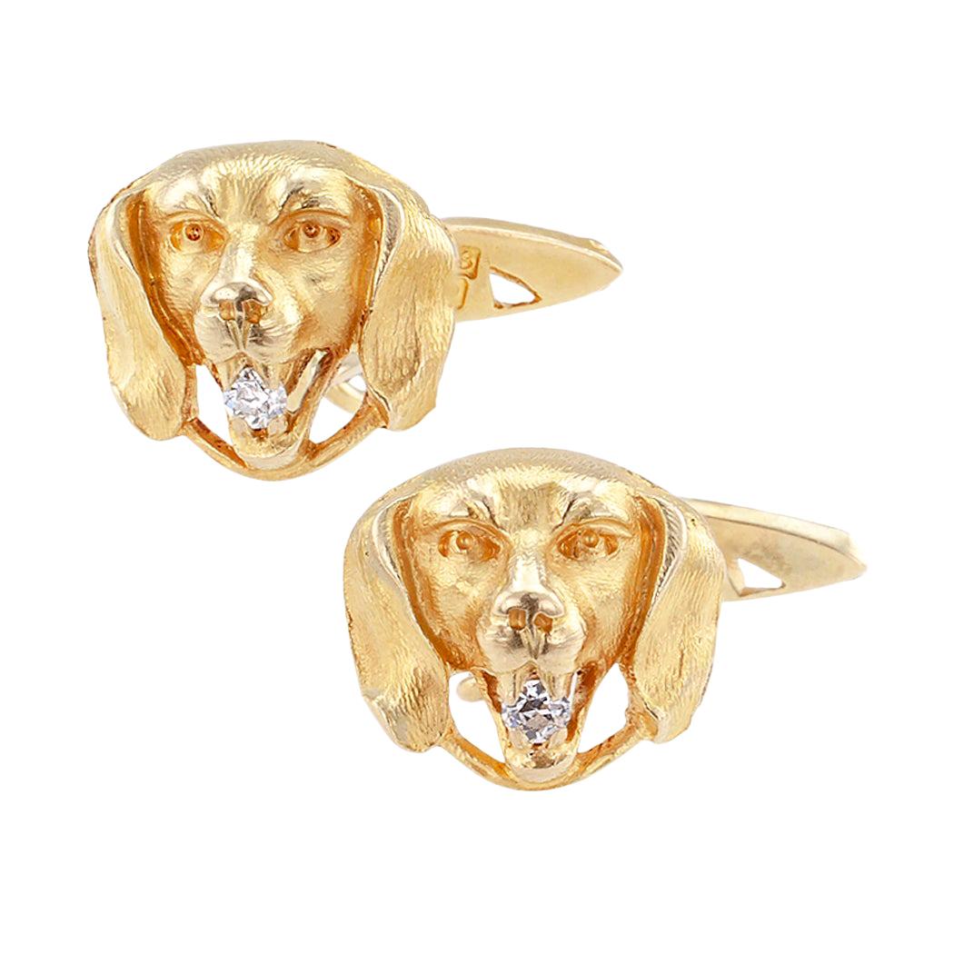 Art Nouveau Dog Face Diamond Gold Cufflinks