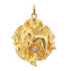 Art Nouveau Dog Locket Diamond Ruby Gold