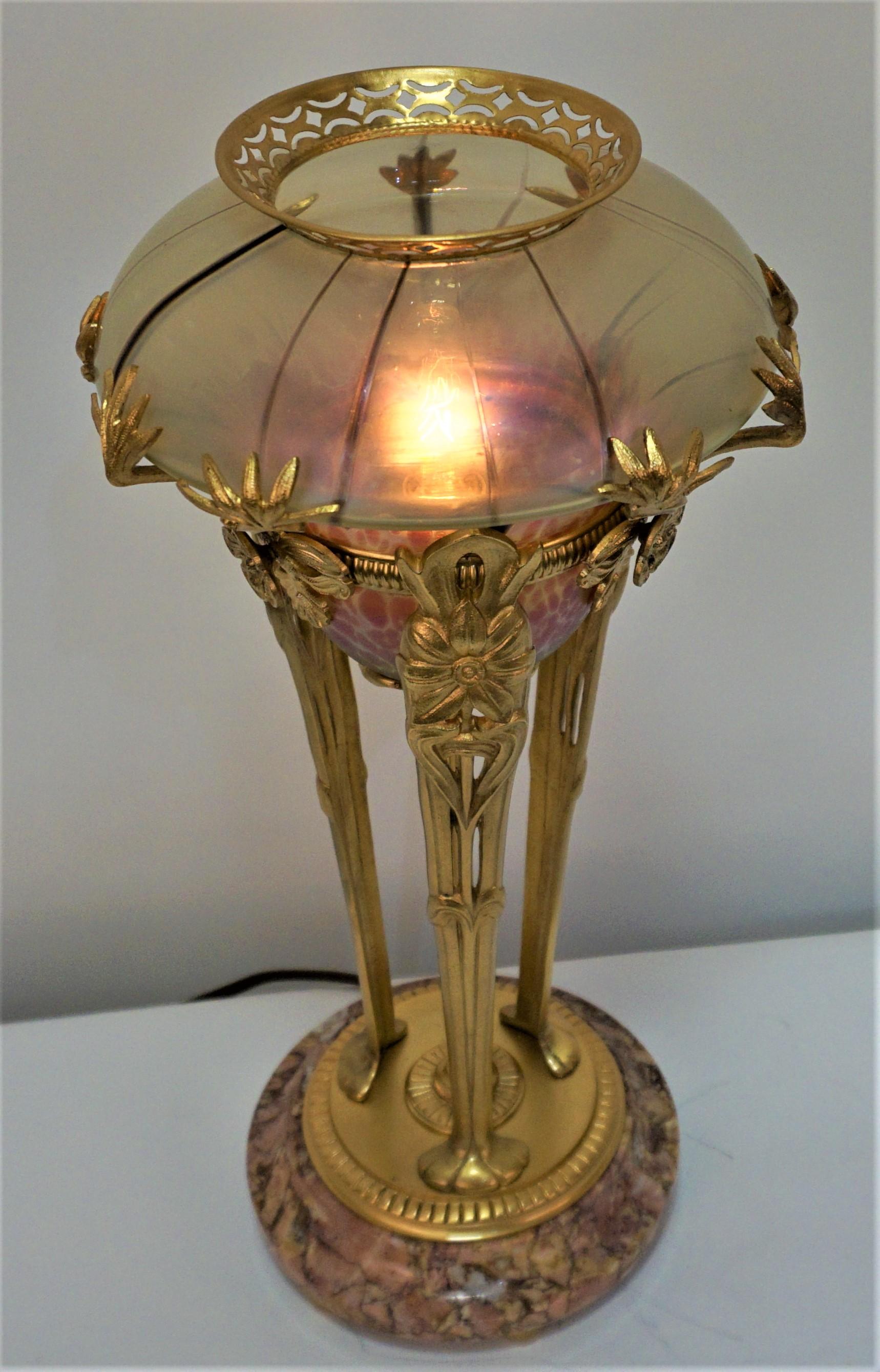 Gilt Art Nouveau Dore Bronze Art Glass Table Lamp