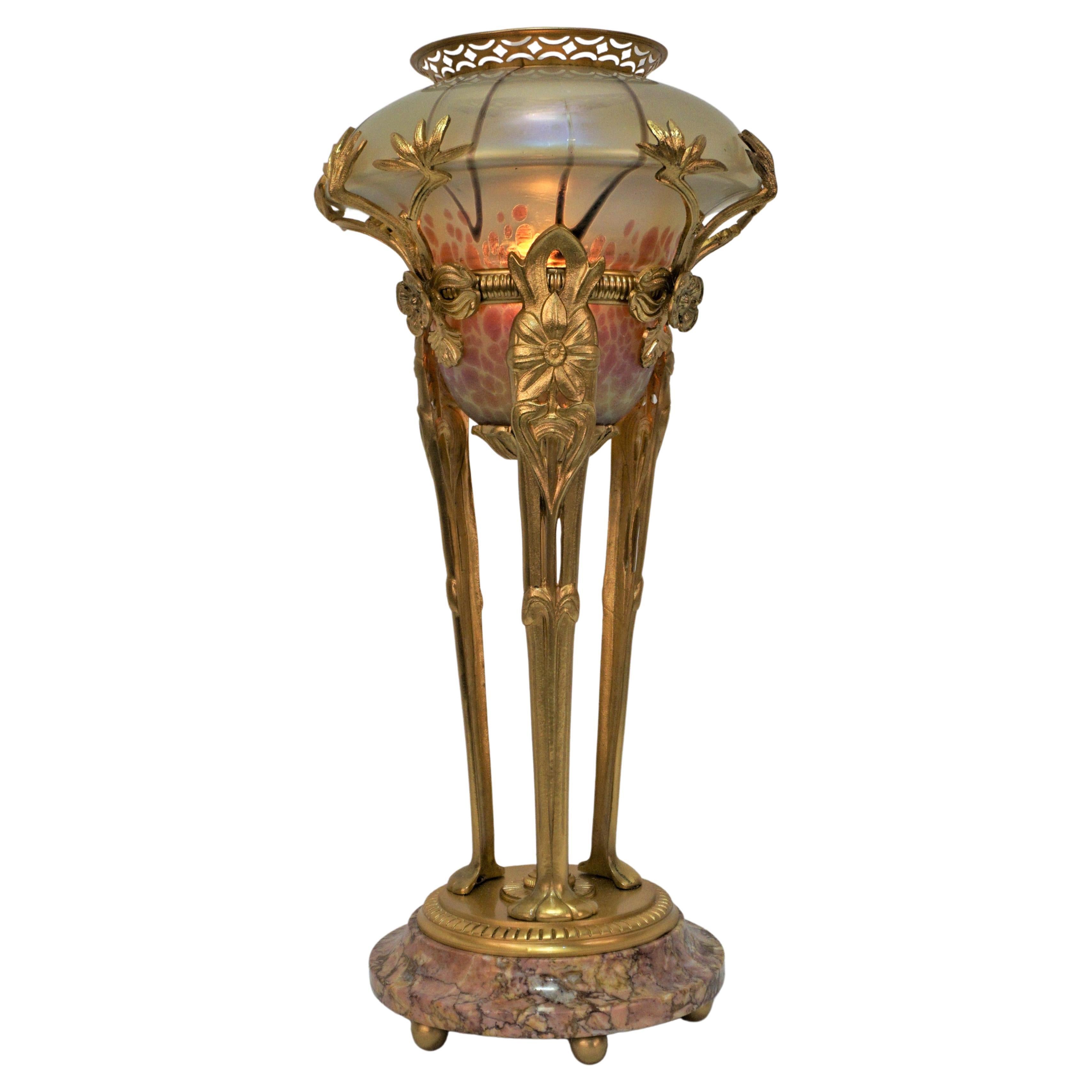 Art Nouveau Dore Bronze Art Glass Table Lamp