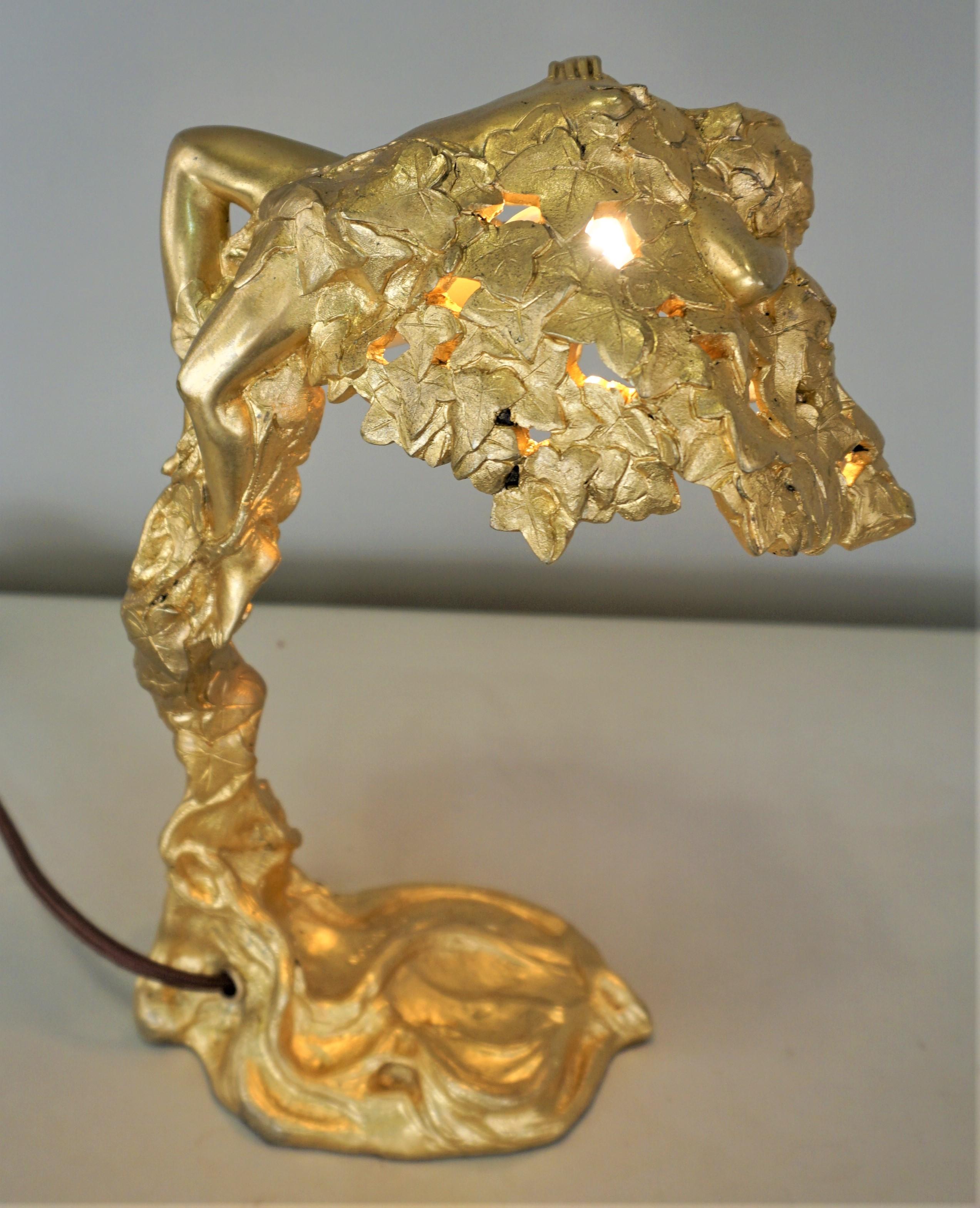 European Art Nouveau Dore Figural Bronze Table Lamp by E. Thomasson, circa 1900