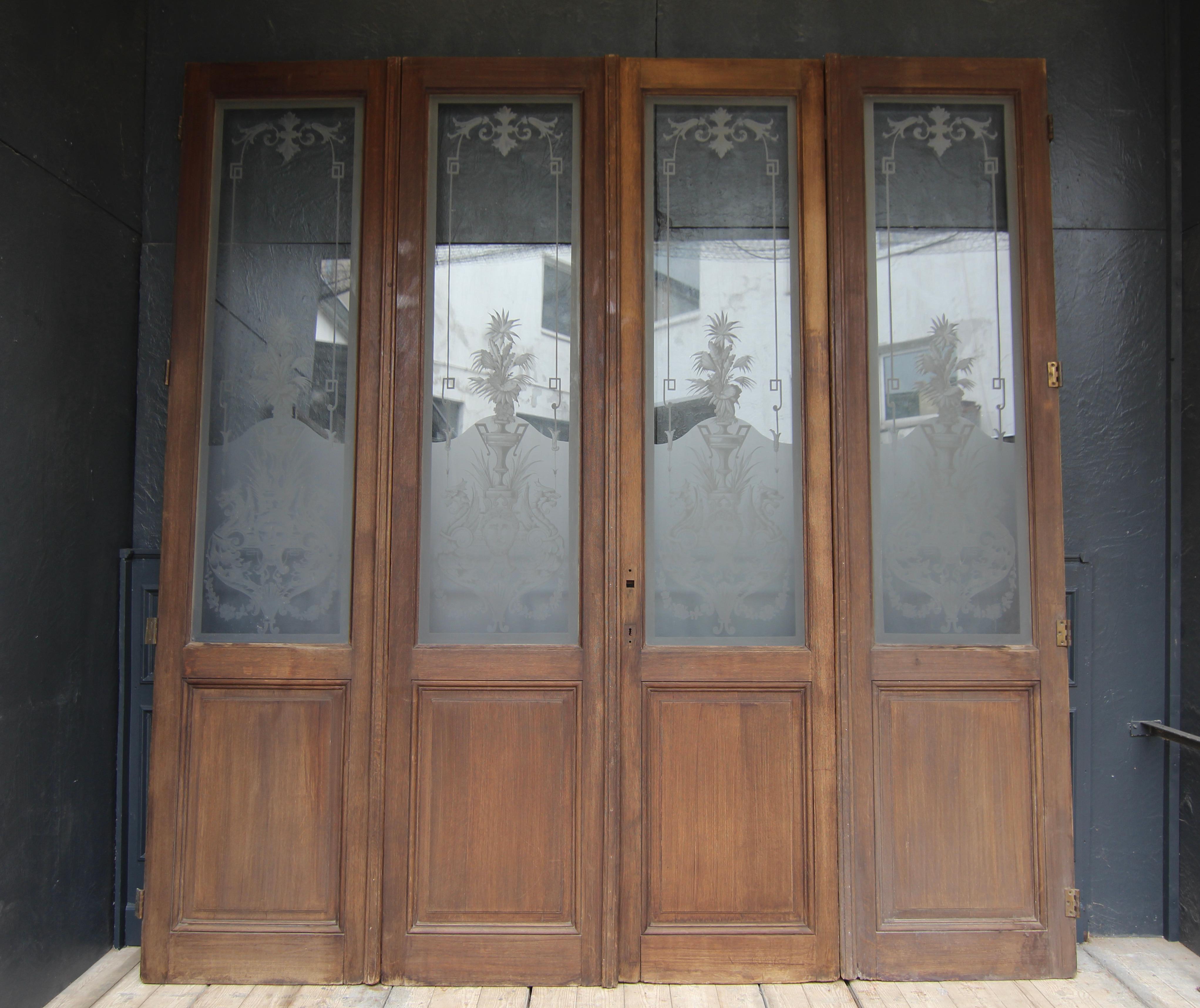 Art Nouveau Double Door with Etched Glass and Chinoiserie Painting For Sale 4