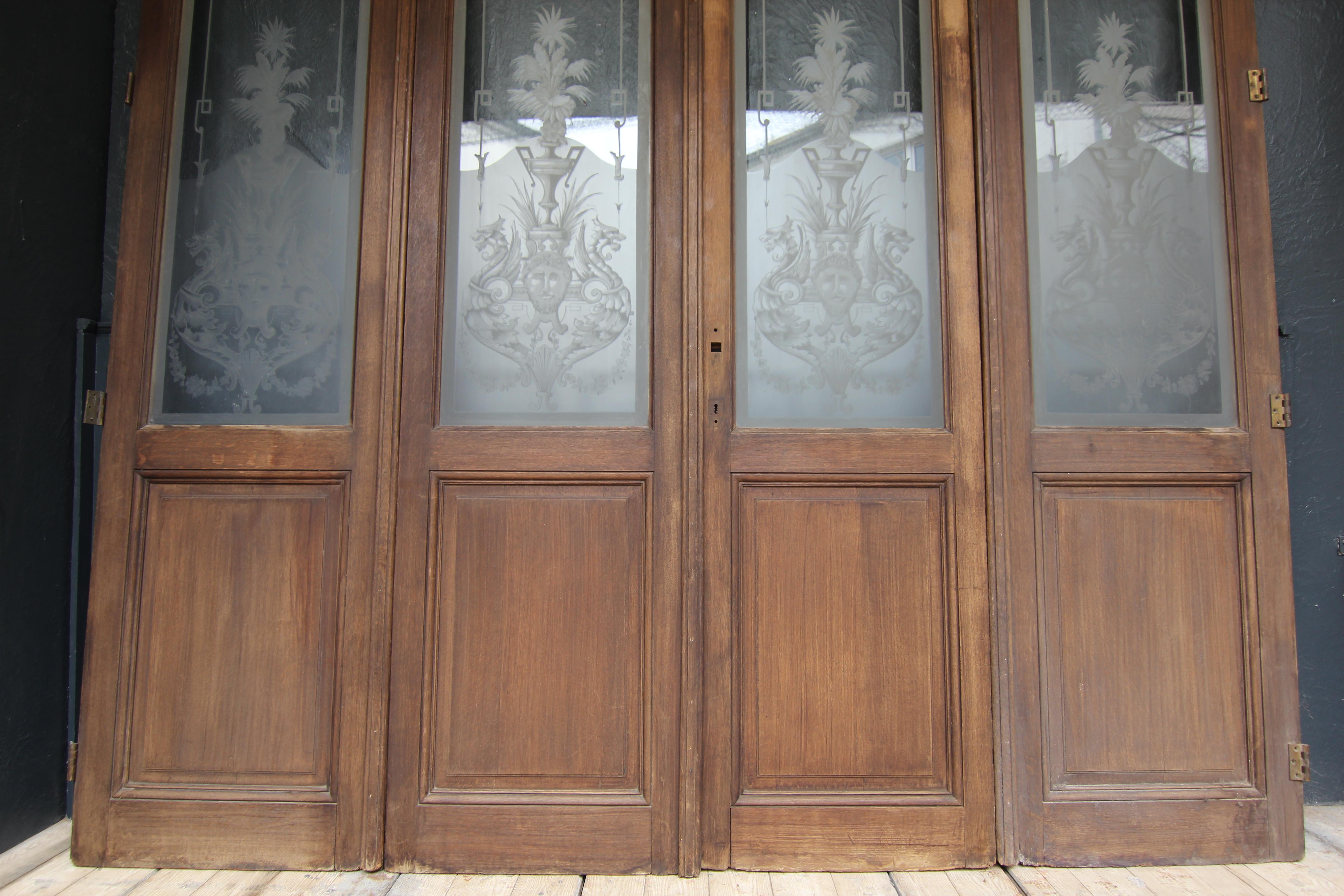 Art Nouveau Double Door with Etched Glass and Chinoiserie Painting For Sale 5