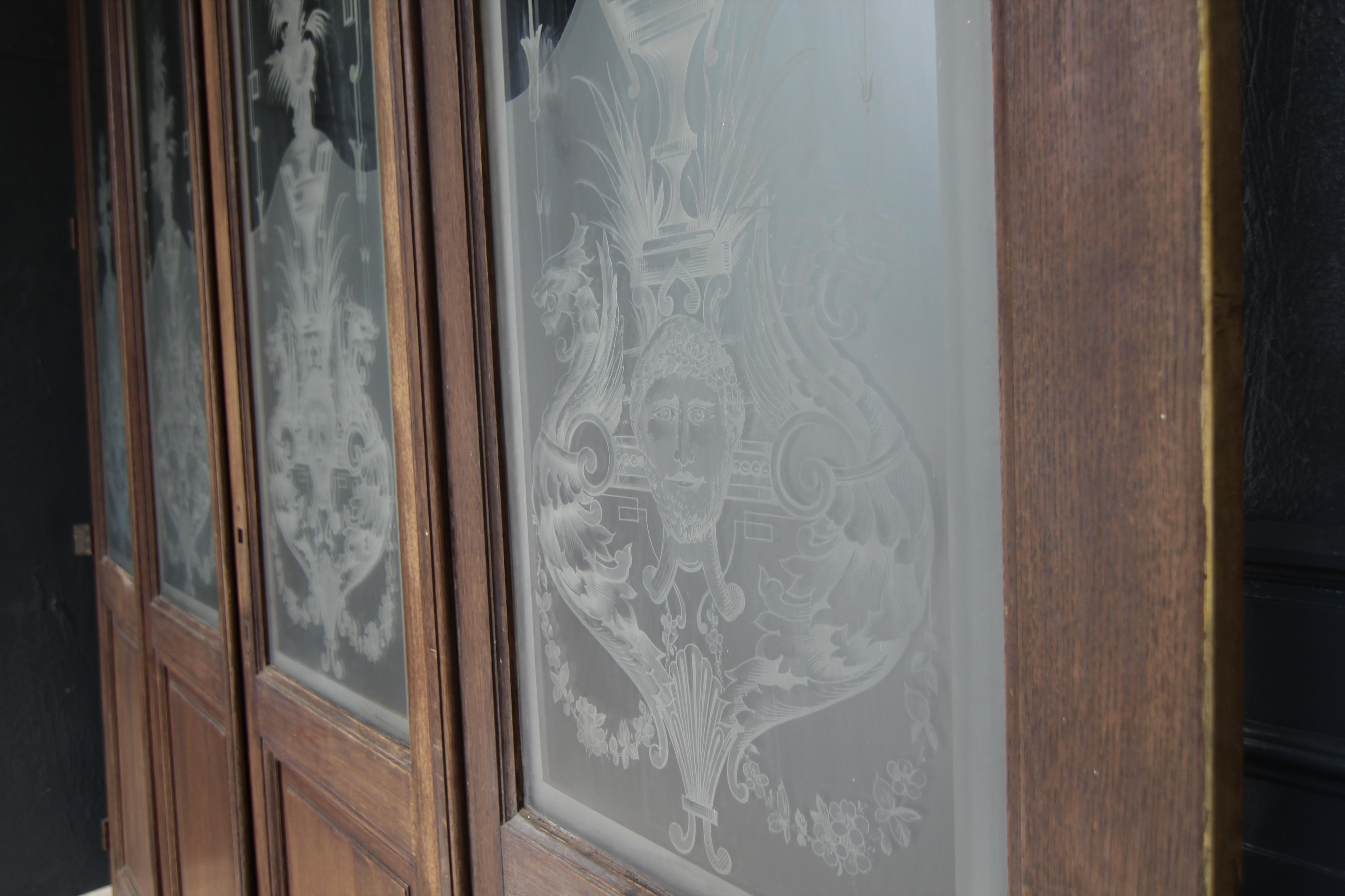 Art Nouveau Double Door with Etched Glass and Chinoiserie Painting For Sale 6