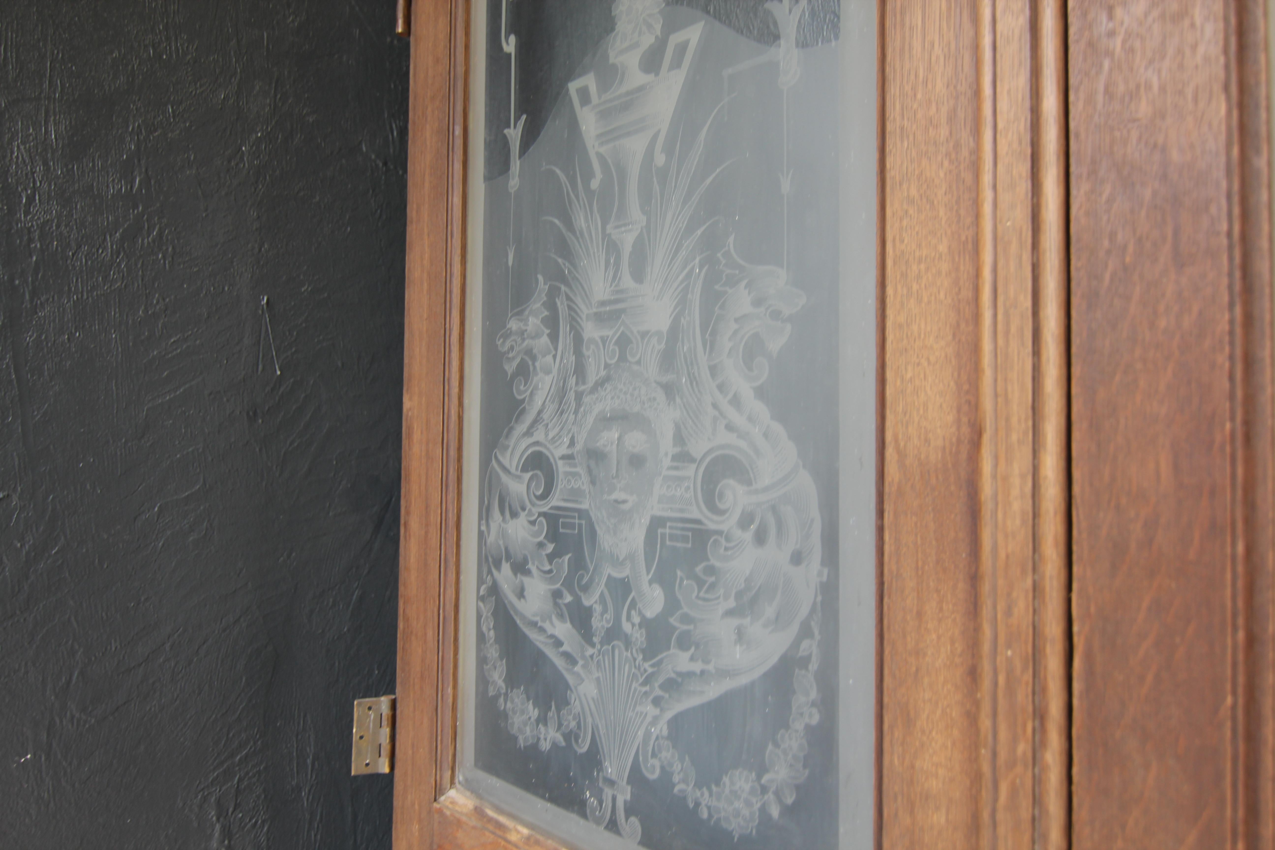 Art Nouveau Double Door with Etched Glass and Chinoiserie Painting For Sale 7