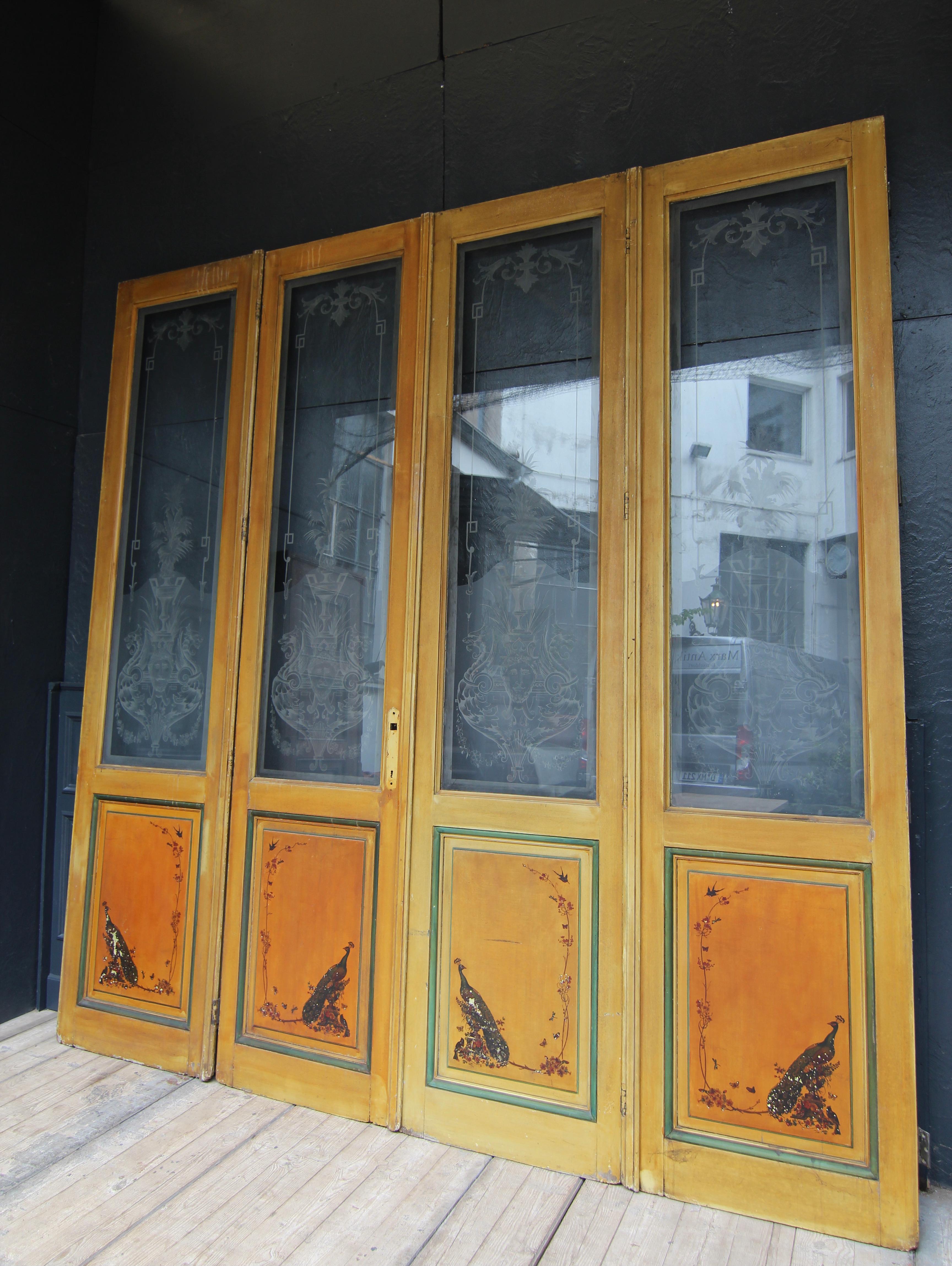 Belgian Art Nouveau Double Door with Etched Glass and Chinoiserie Painting For Sale