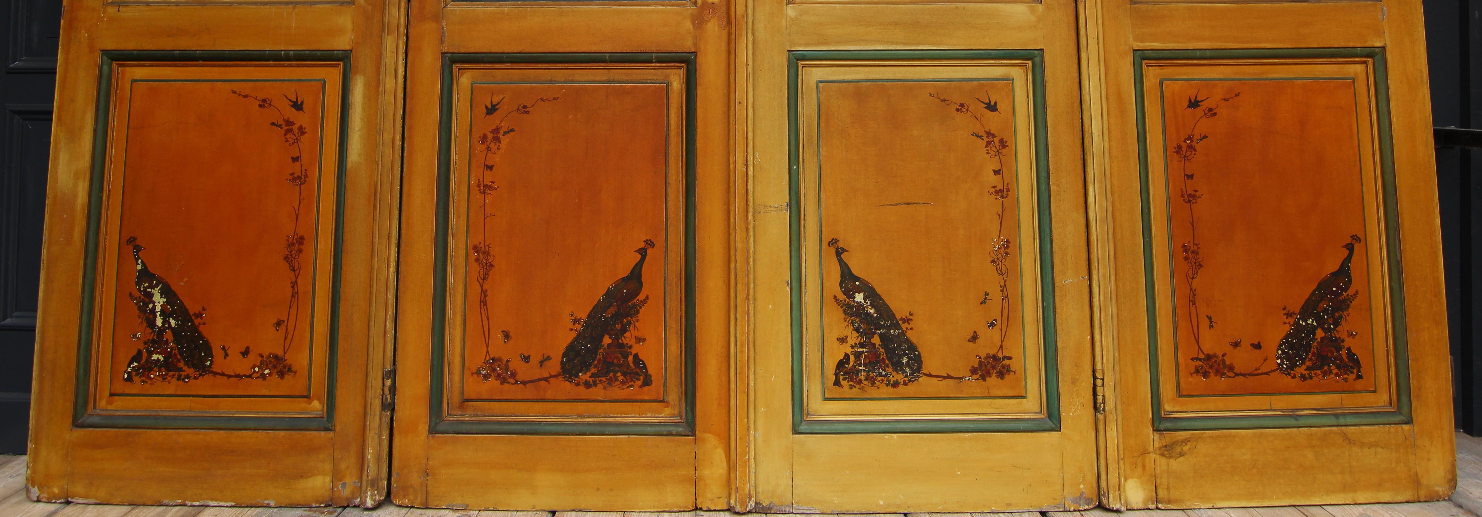 Painted Art Nouveau Double Door with Etched Glass and Chinoiserie Painting For Sale