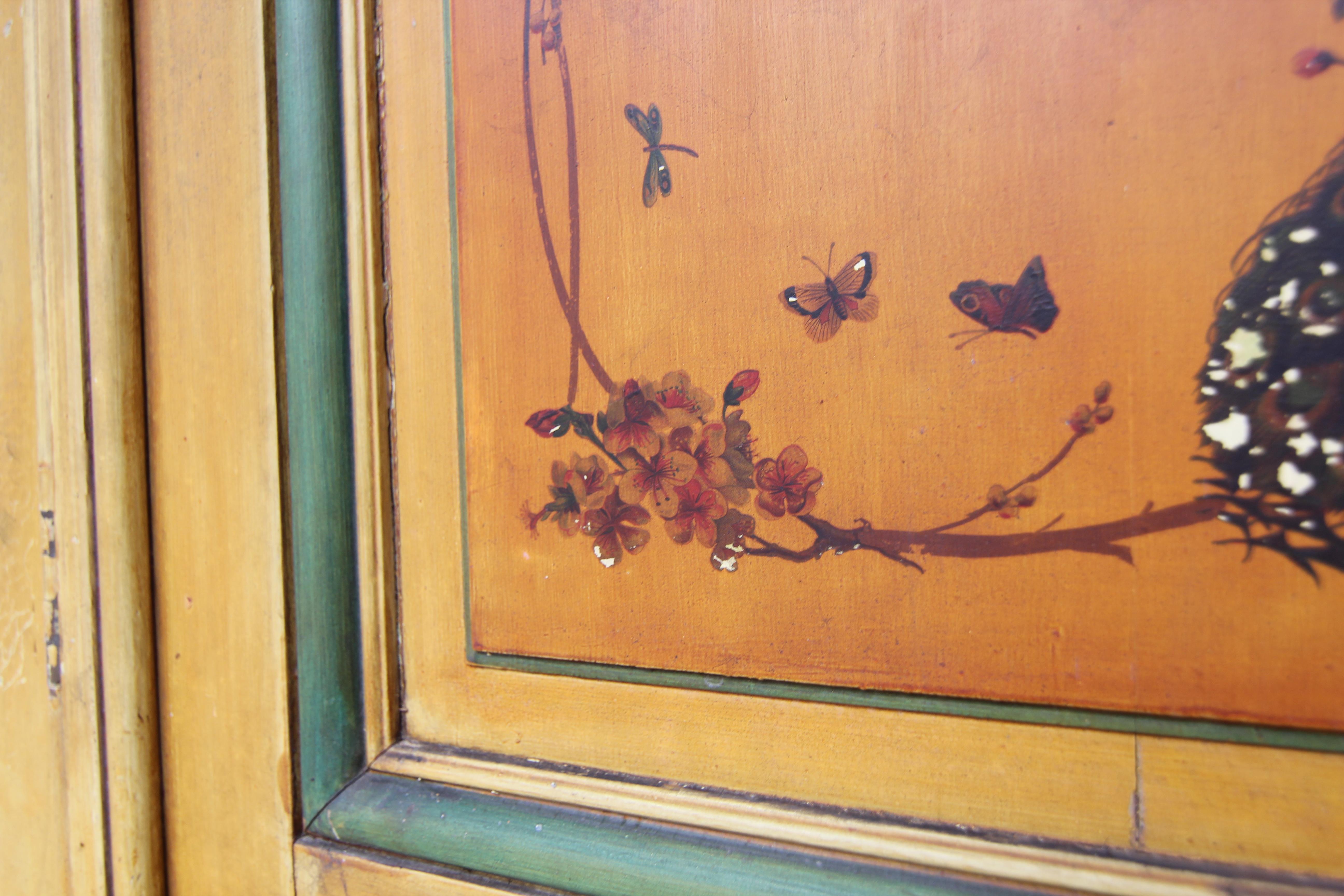 20th Century Art Nouveau Double Door with Etched Glass and Chinoiserie Painting For Sale