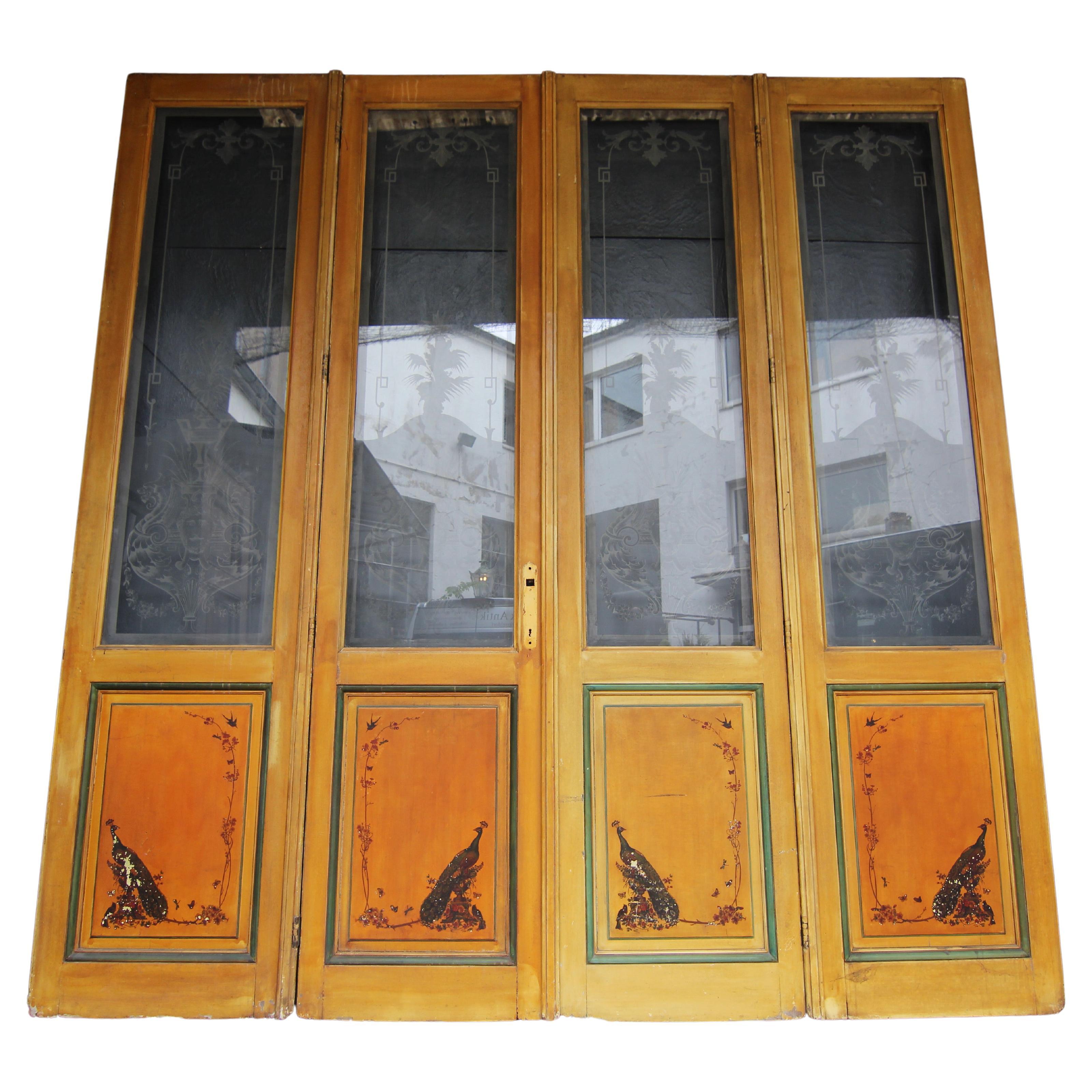 Art Nouveau Double Door with Etched Glass and Chinoiserie Painting