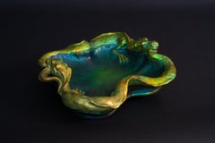 Piatto centrotavola Art Nouveau con doppio drago di Mihaly Kapas Nagy per Zsolnay