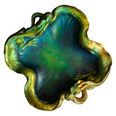Art Nouveau Double Dragon Centerpiece Dish by Mihaly Kapas Nagy for Zsolnay