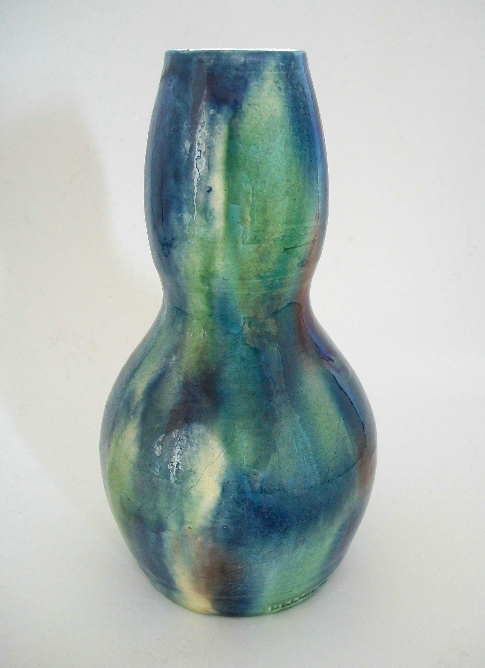 Belgian Art Nouveau Double Gourd Ceramic Vase - Iridescent Glaze - Belgium - 20th C. For Sale