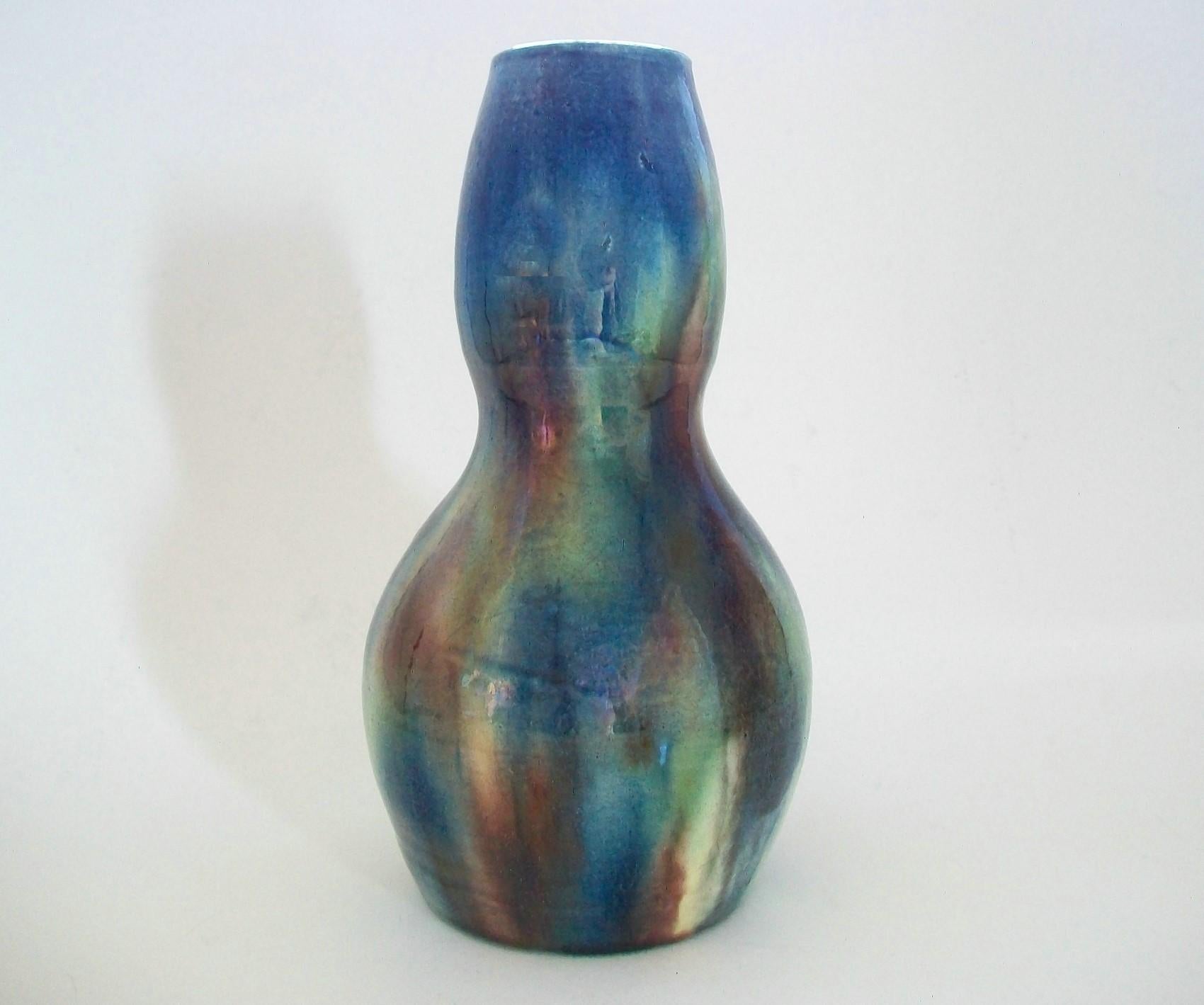 Glazed Art Nouveau Double Gourd Ceramic Vase - Iridescent Glaze - Belgium - 20th C. For Sale