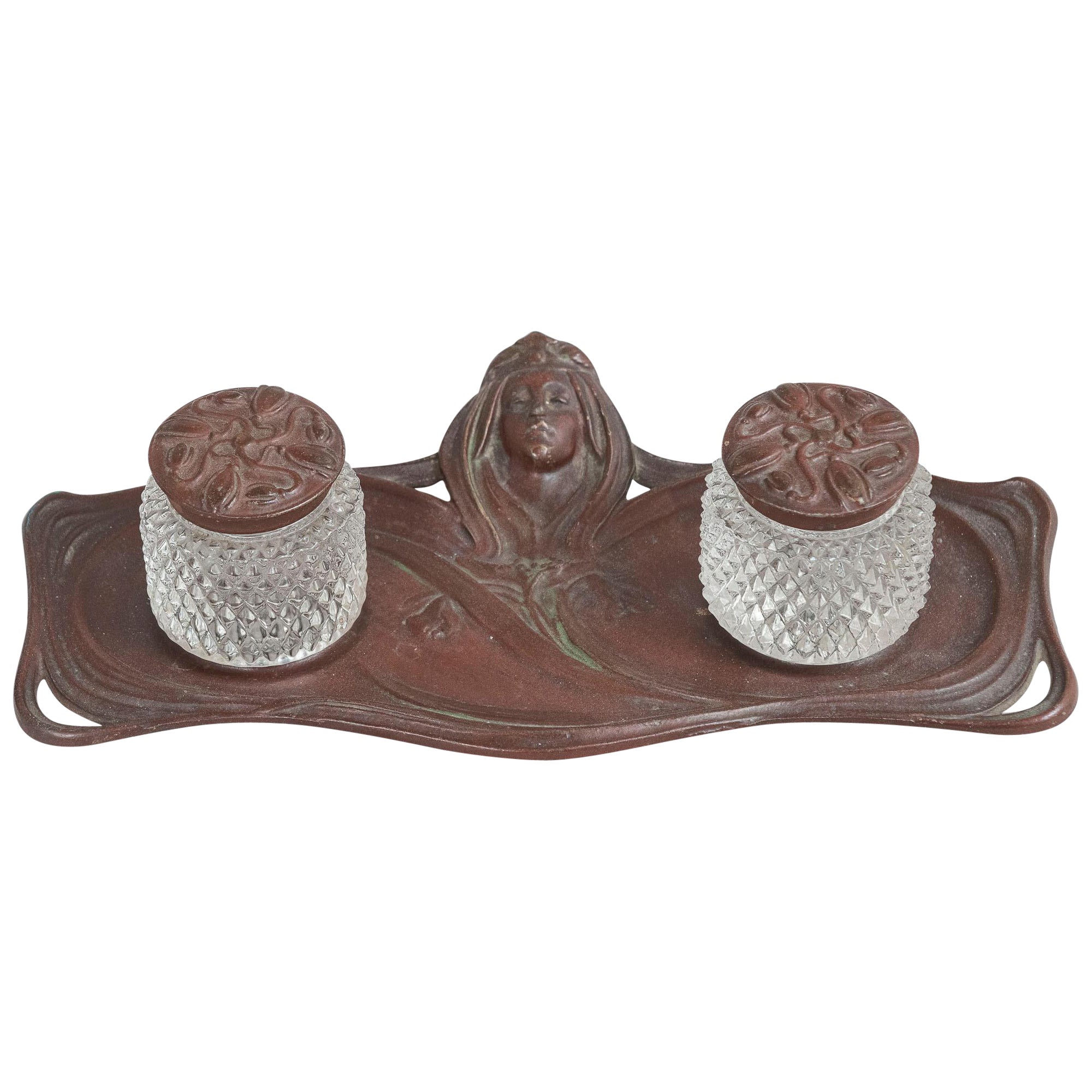 Art Nouveau Double Inkwell, w/Original Glass Inserts by B&H, ca. 1910