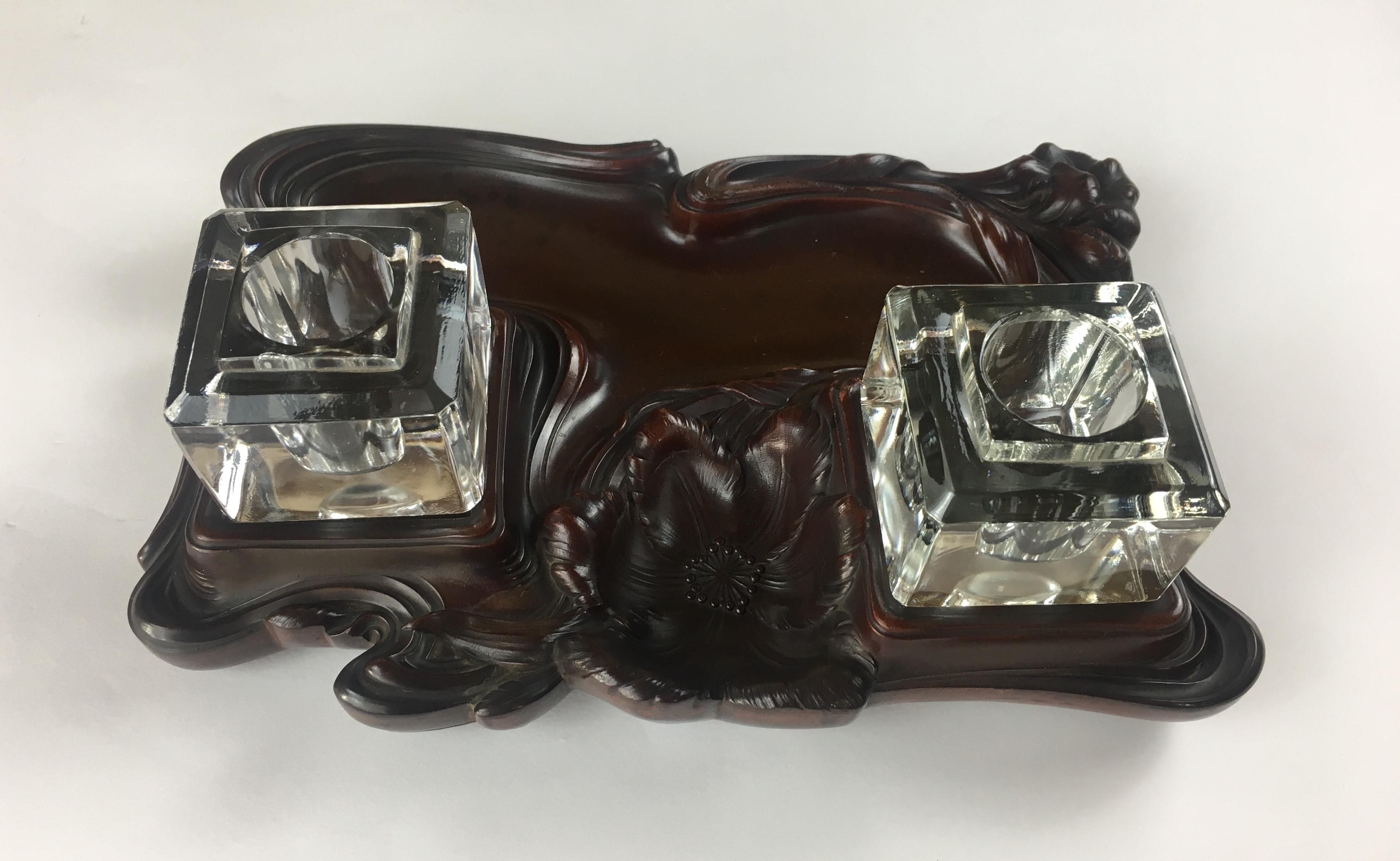 Varnished French Art Nouveau Double Crystal Crystal and Art Deco Wood Pen Holder For Sale