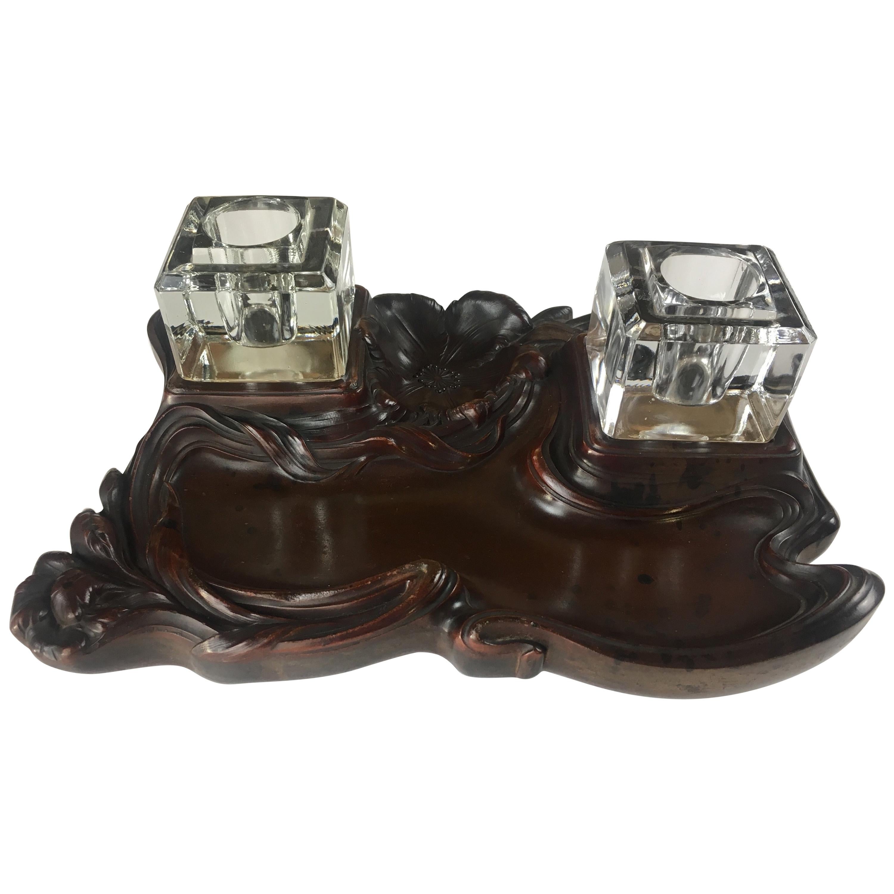 French Art Nouveau Double Crystal Crystal and Art Deco Wood Pen Holder