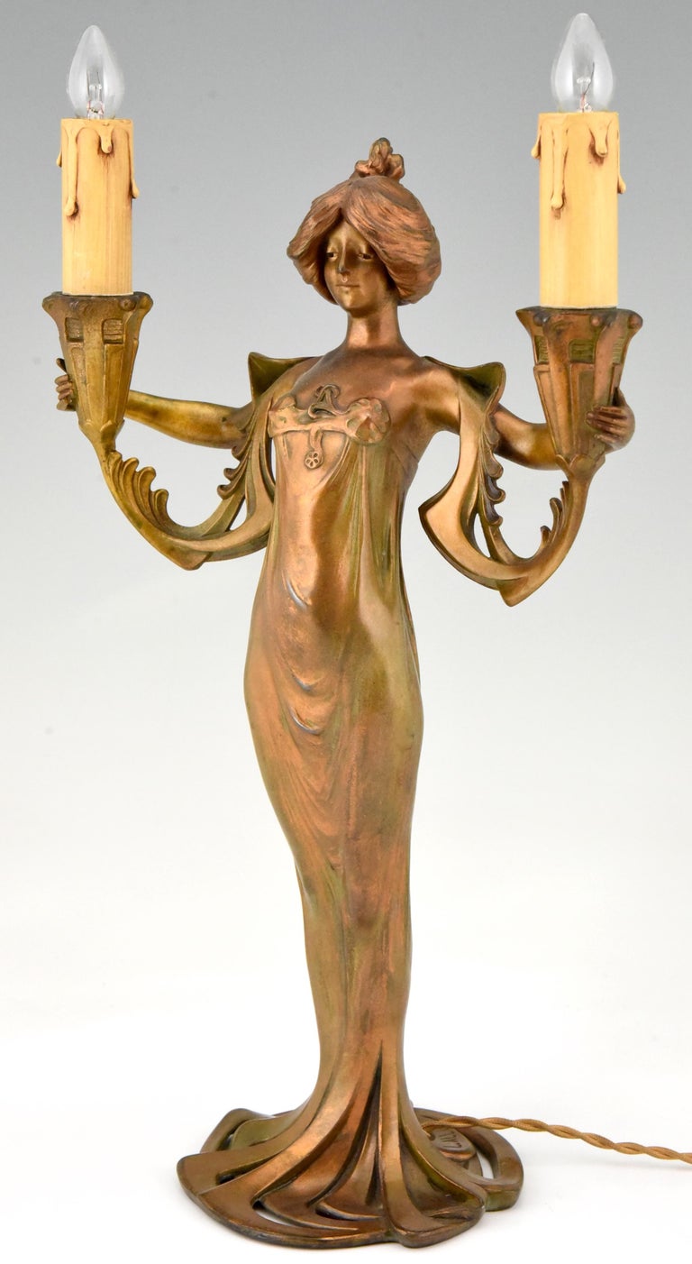 Art Nouveau Double Light Table Lamp with Lady by Lucien Alliot, 1900 at  1stDibs
