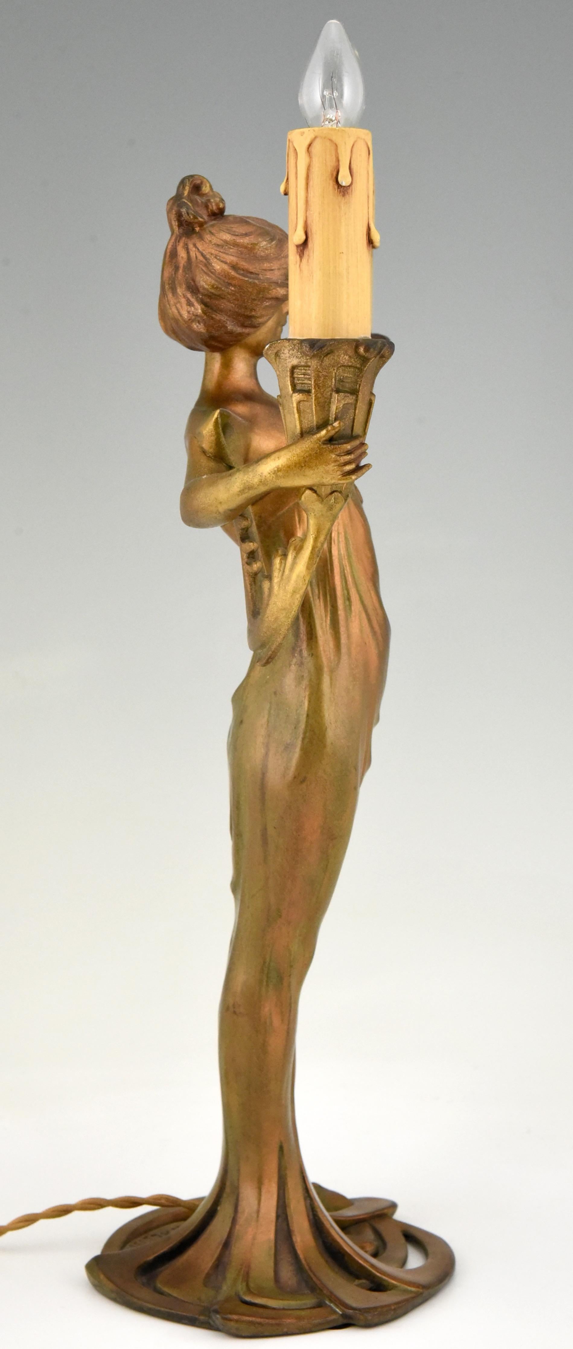 French Art Nouveau Double Light Table Lamp with Lady by Lucien Alliot, 1900
