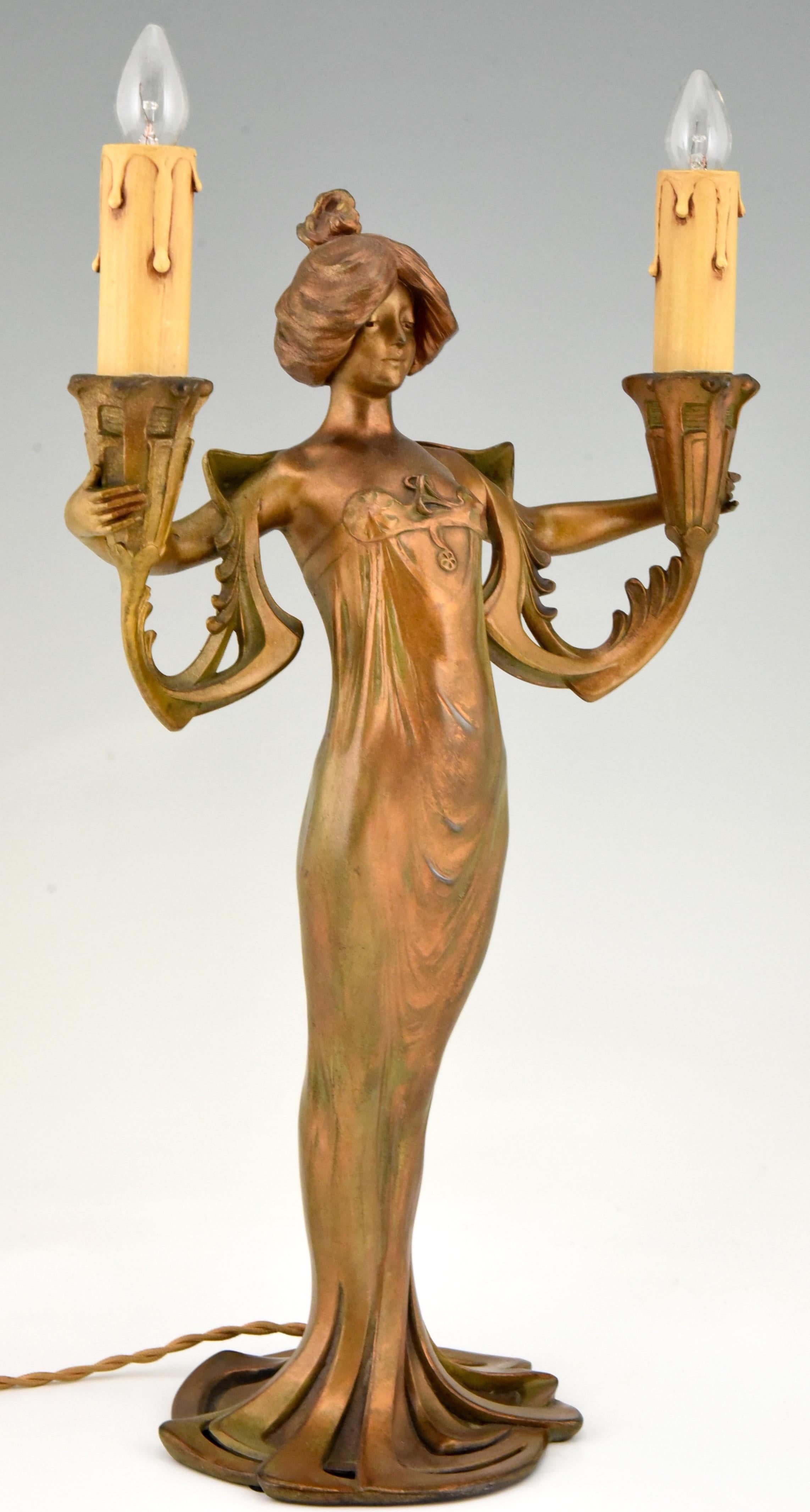 Patinated Art Nouveau Double Light Table Lamp with Lady by Lucien Alliot, 1900