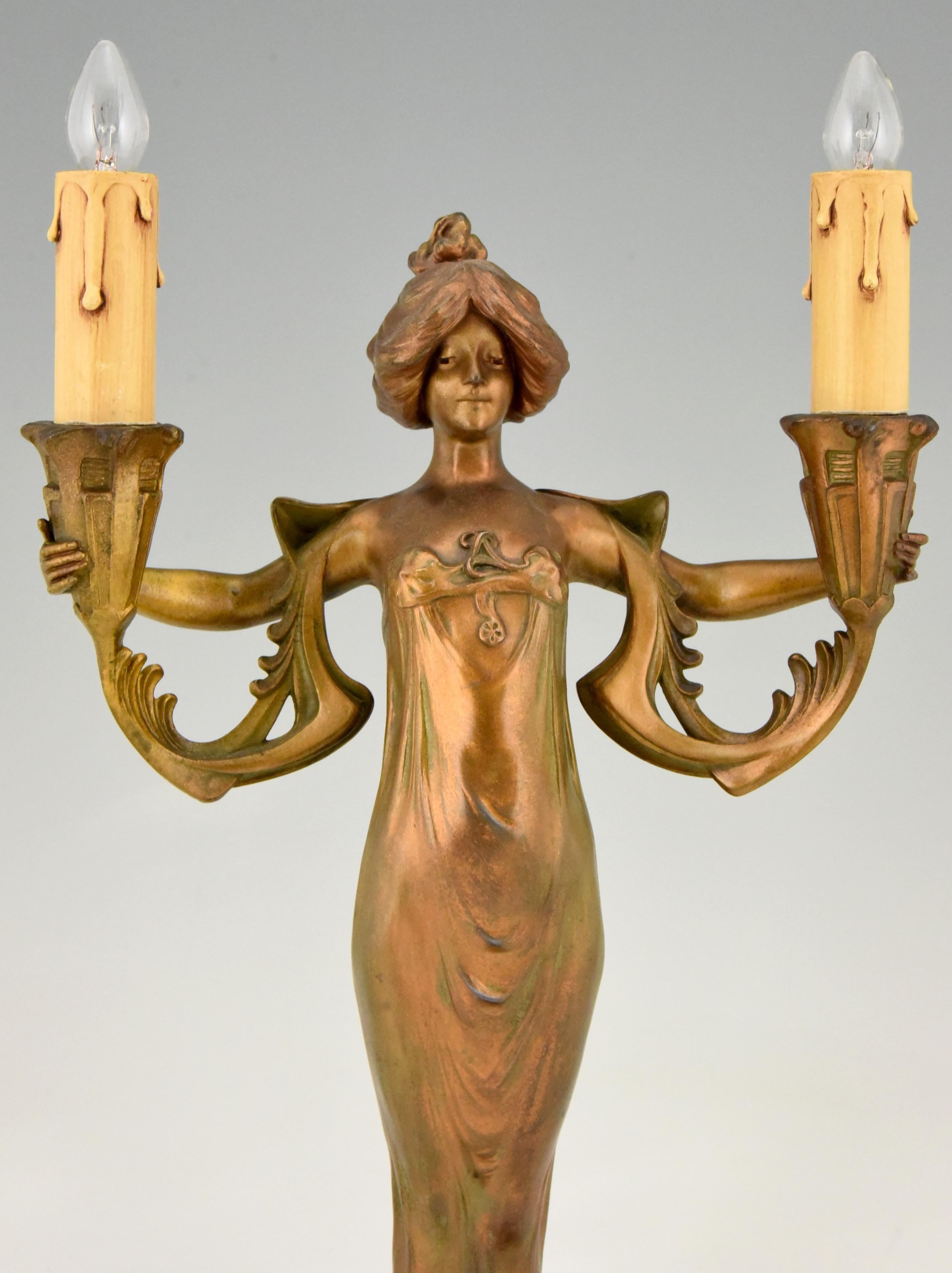 Art Nouveau Double Light Table Lamp with Lady by Lucien Alliot, 1900 In Good Condition In Antwerp, BE
