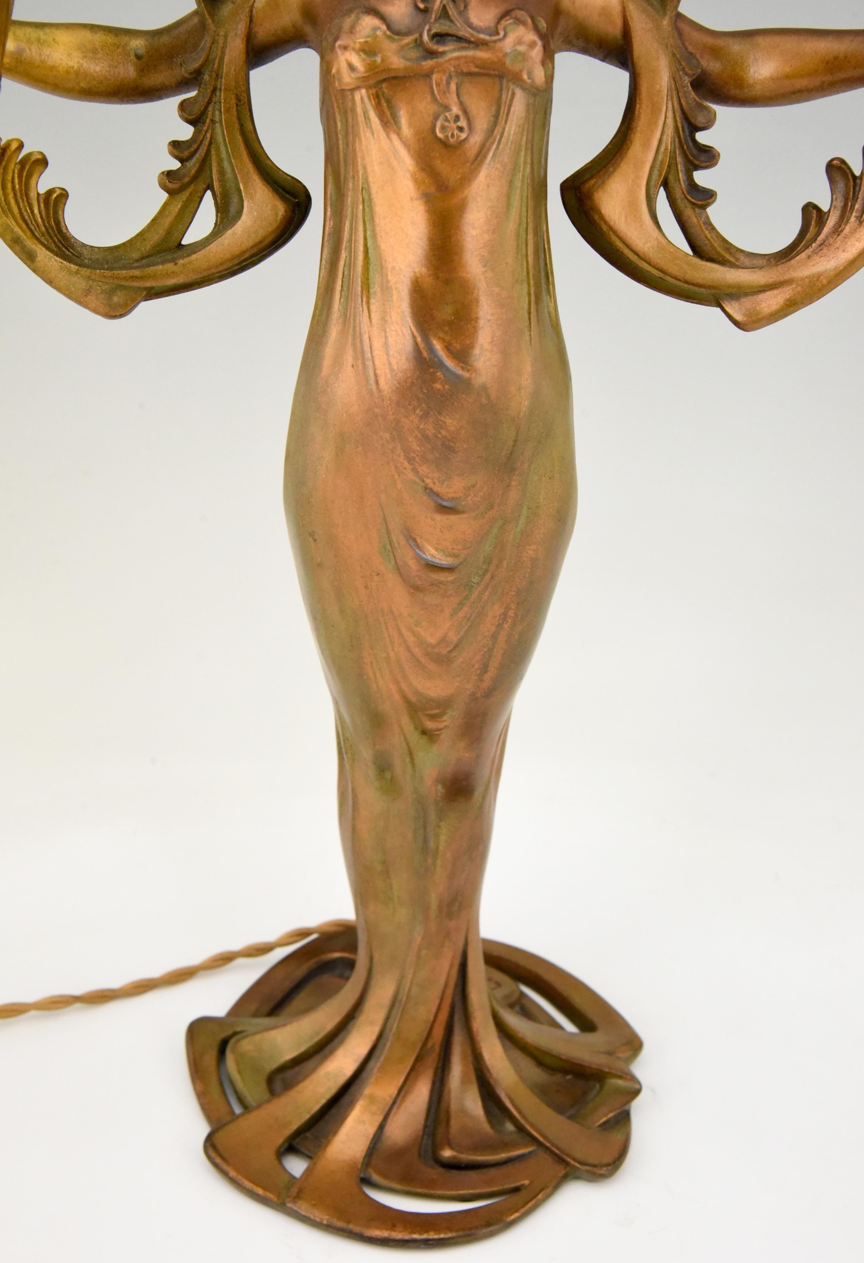 Early 20th Century Art Nouveau Double Light Table Lamp with Lady by Lucien Alliot, 1900