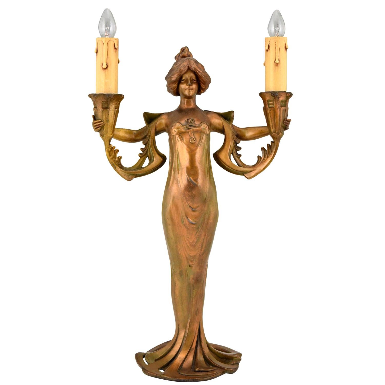 Art Nouveau Double Light Table Lamp with Lady by Lucien Alliot, 1900