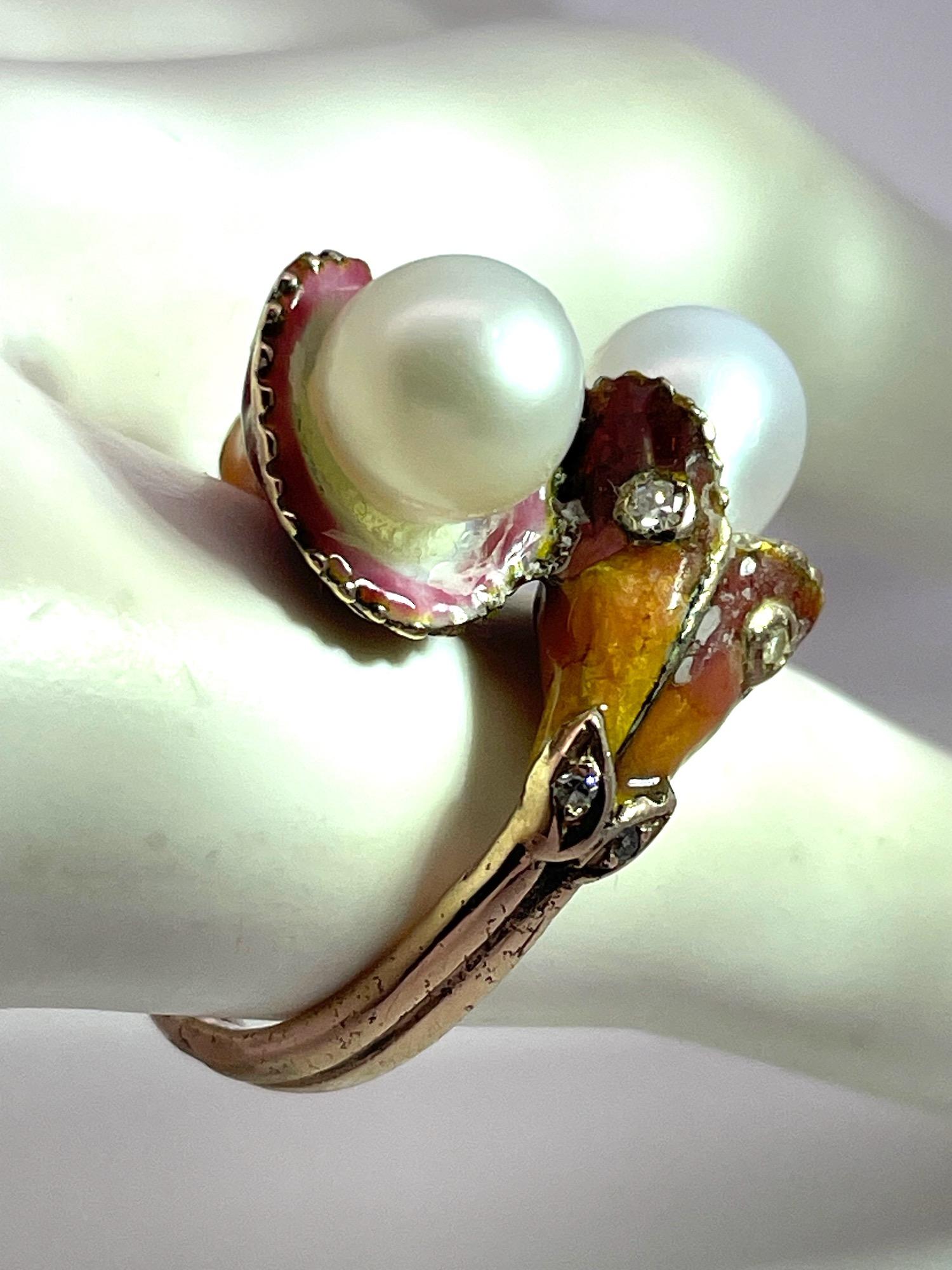 Bague Art nouveau avec double perle, diamant et émail en vente 5